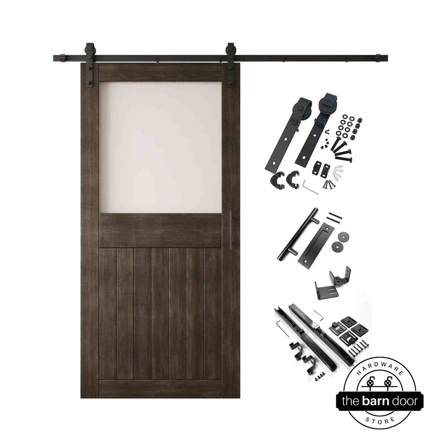 Ebony half-lite barn door kit with wooden door, hardware, and components on a white background