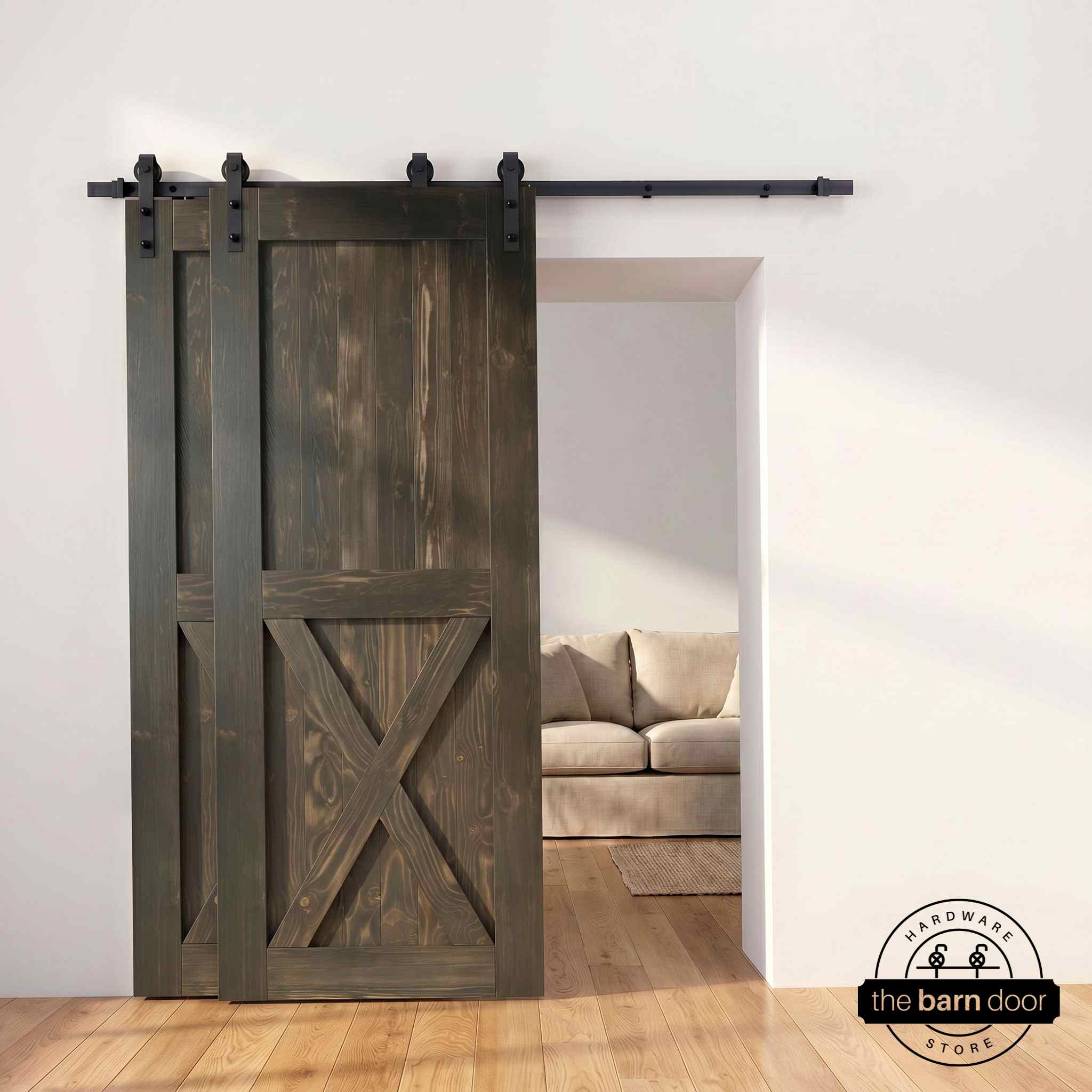 Half-X barn door in ebony stain with matte black single bypass sliding hardware