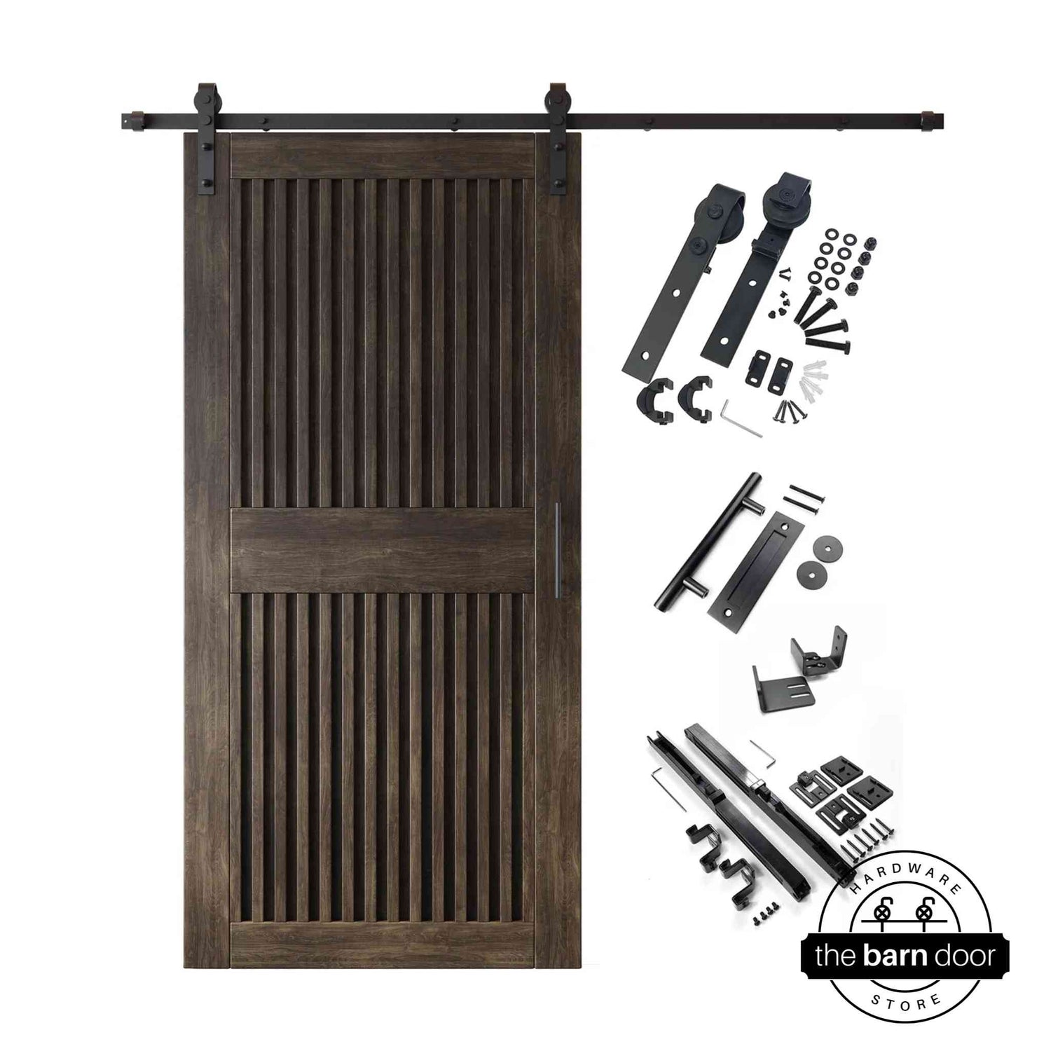 Ebony barn door kit with wooden door, hardware, and installation parts on a white background