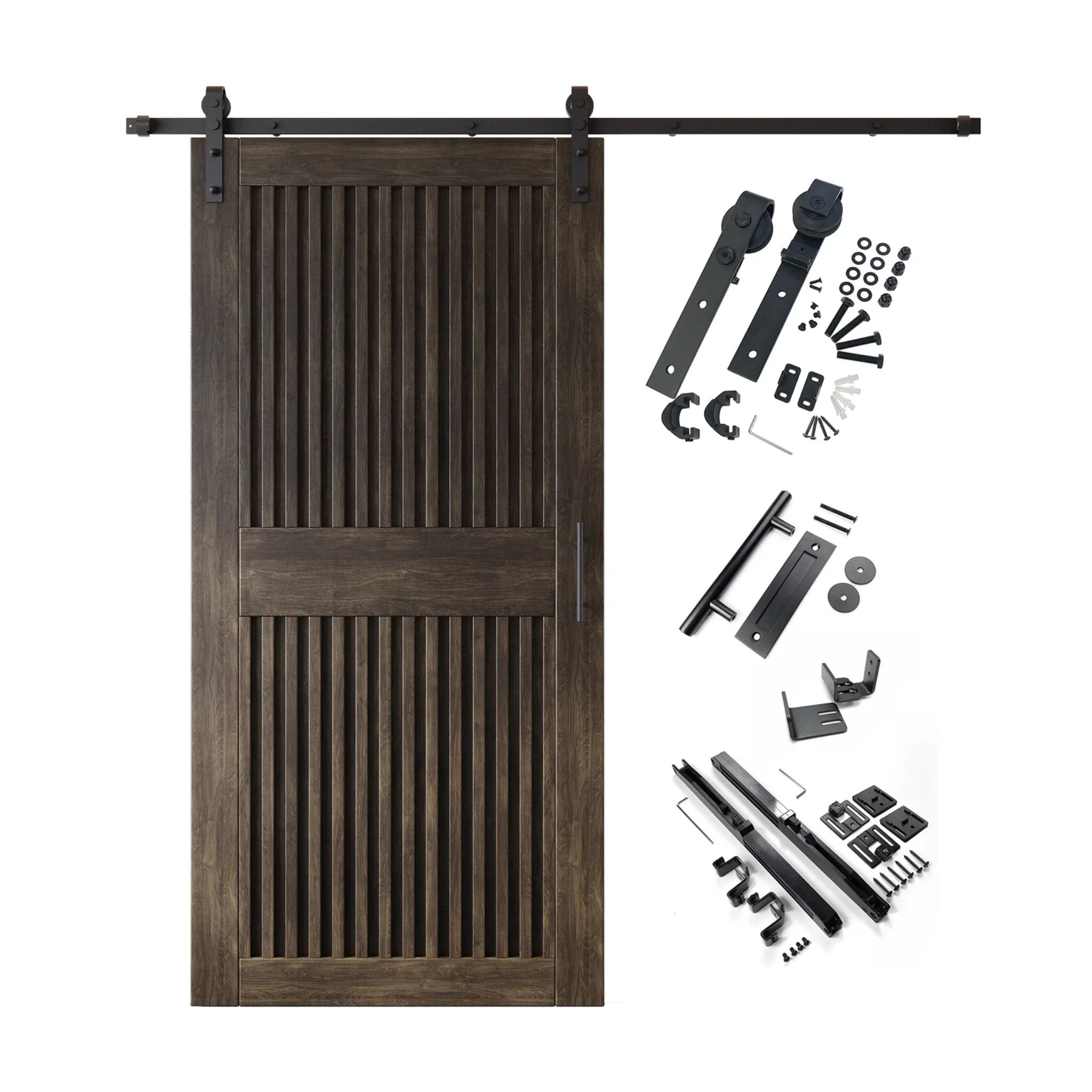 Ebony barn door kit with wooden door, hardware, and installation parts on a white background