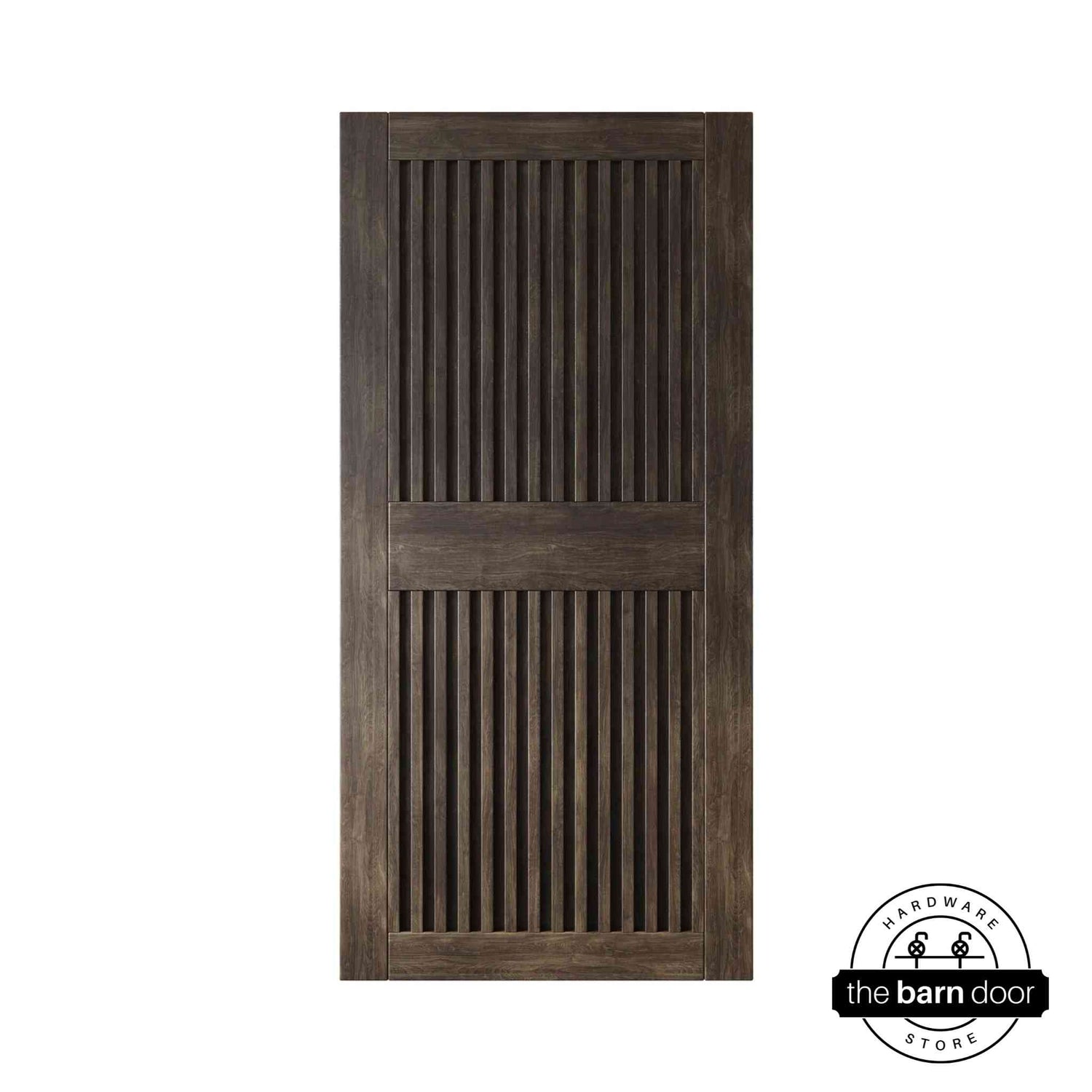 Ebony wooden door with vertical slats on a white background