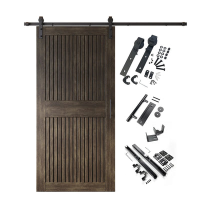 A complete barn door hardware kit featuring a ebony vertical plank barn door with a horizontal middle rail, black sliding track, rollers, handle, and all mounting components displayed next to the door.