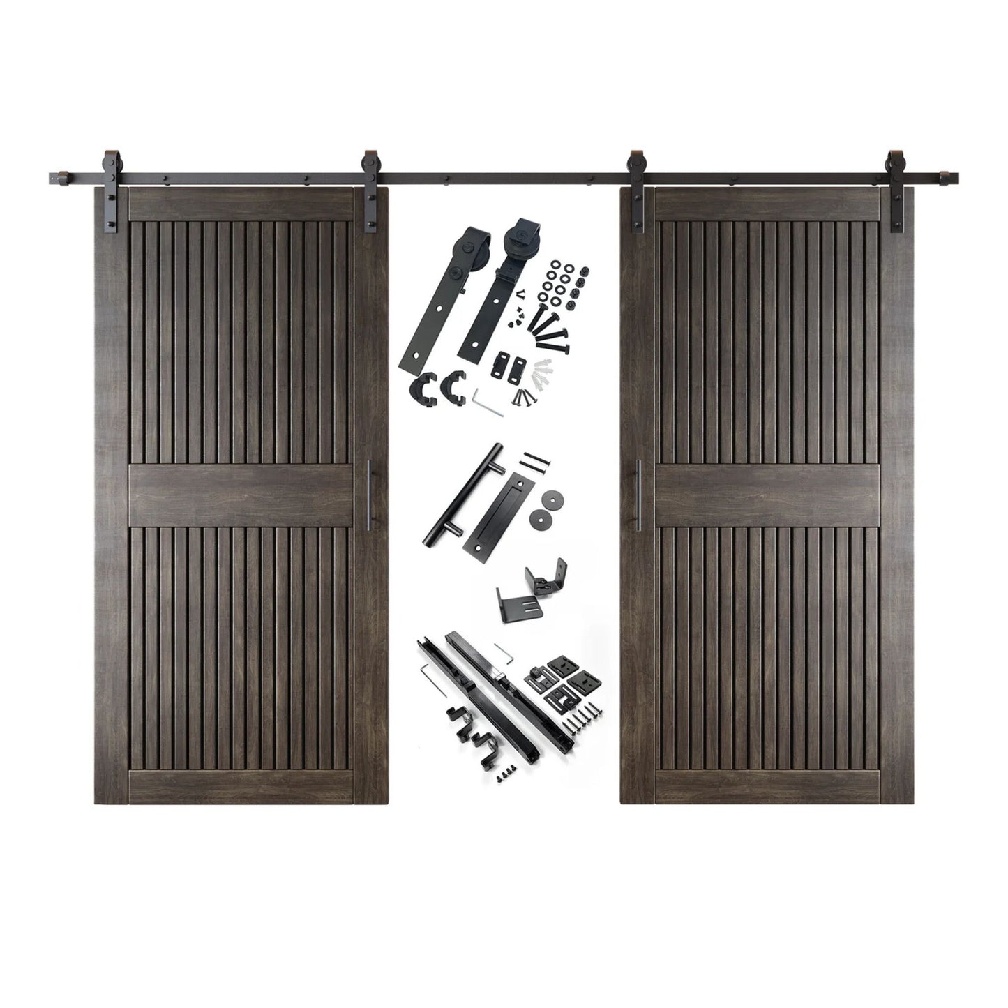 A complete double barn door kit featuring two ebony-stained vertical slat doors with horizontal middle rails, black sliding track, rollers, handles, and all mounting components displayed in the center.