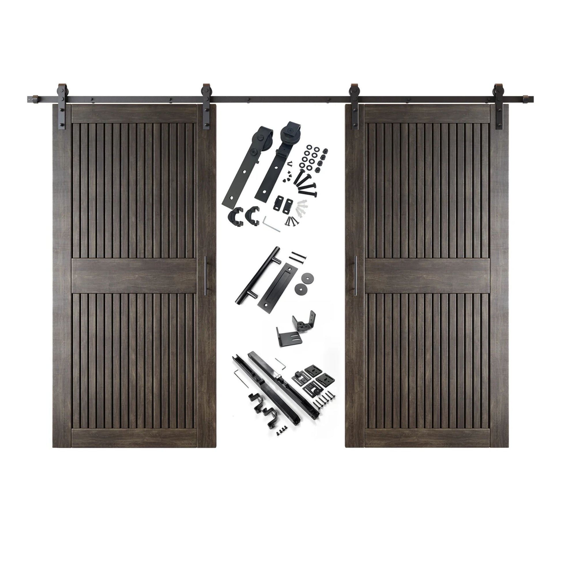 A complete double barn door kit featuring two ebony-stained vertical slat doors with horizontal middle rails, black sliding track, rollers, handles, and all mounting components displayed in the center.