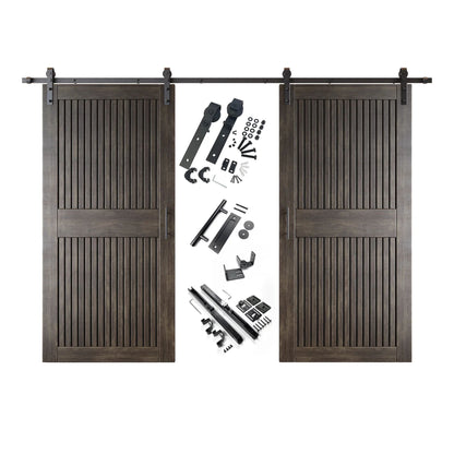 A complete double barn door kit featuring two ebony-stained vertical slat doors with horizontal middle rails, black sliding track, rollers, handles, and all mounting components displayed in the center.