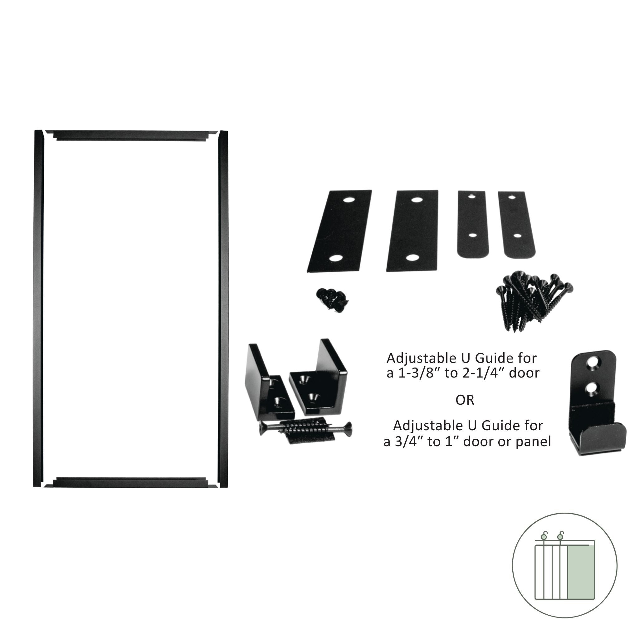 Goldberg Brothers Barn Door Edge Wrap kit components including four black powder-coated steel channels, shims, mounting screws, and adjustable U guide for doors 1-3/8 inch to 2-1/4 inch or 3/4 inch to 1 inch thick