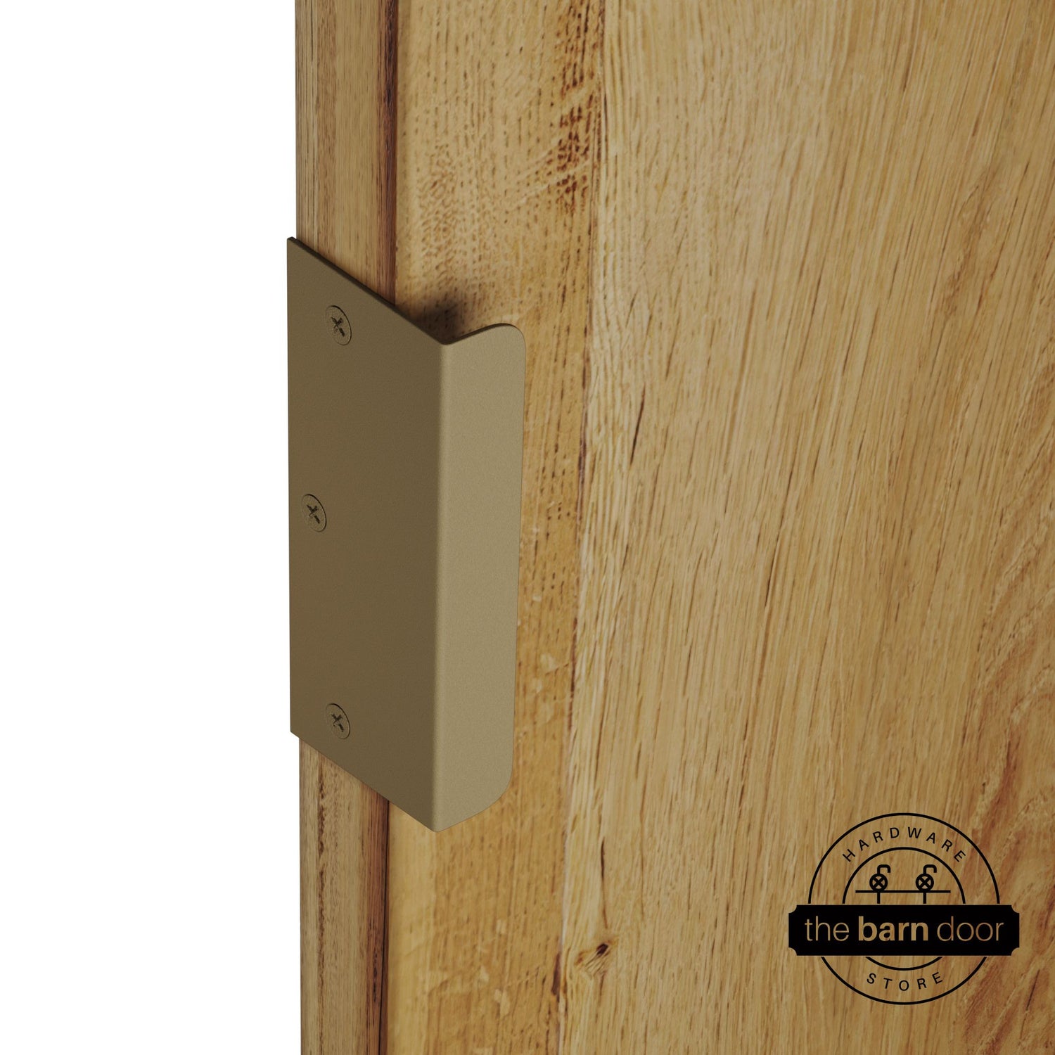 Gold sliding barn door edge pull handle on natural wood door edge