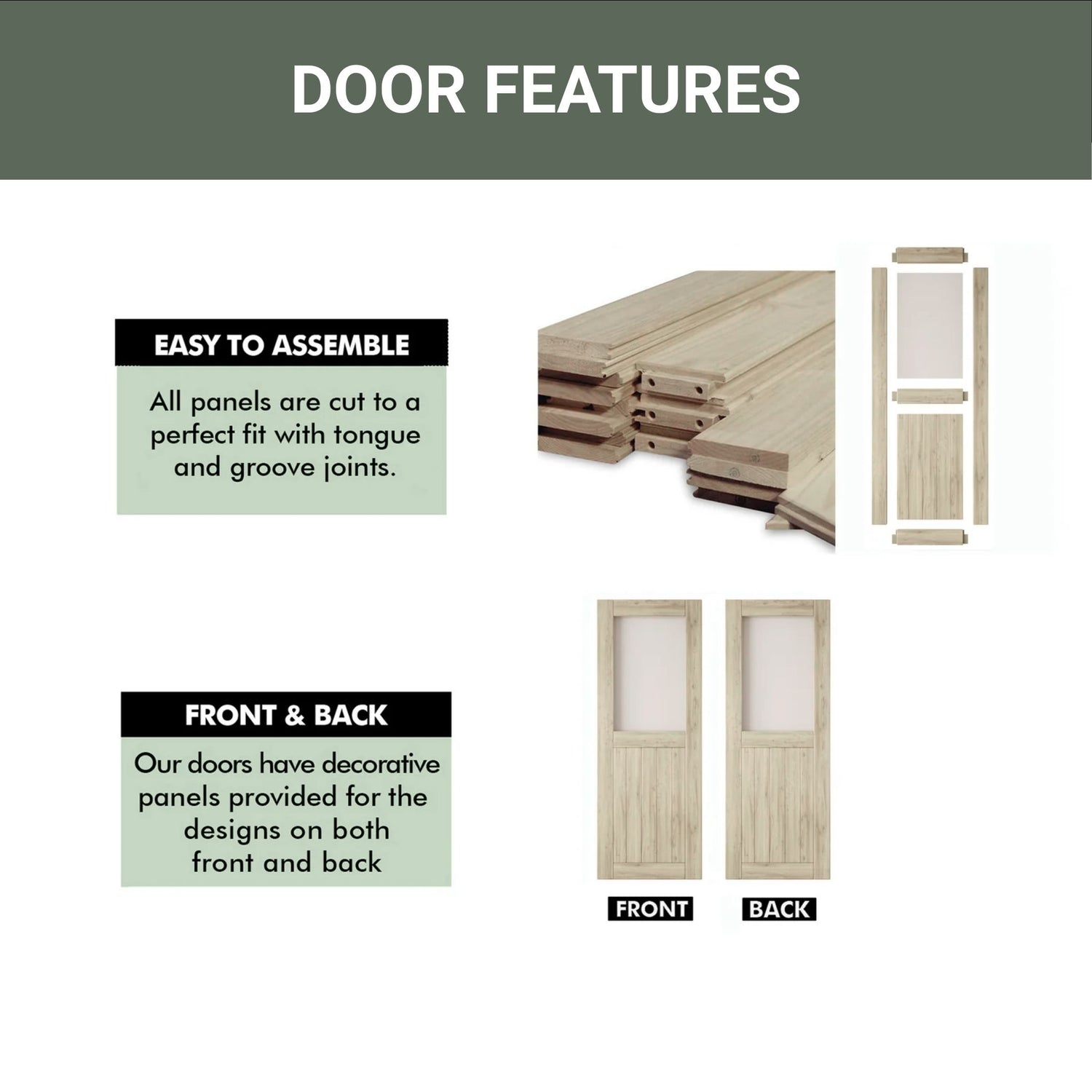 Half-lite wooden barn door assembly with features highlighted on a white background