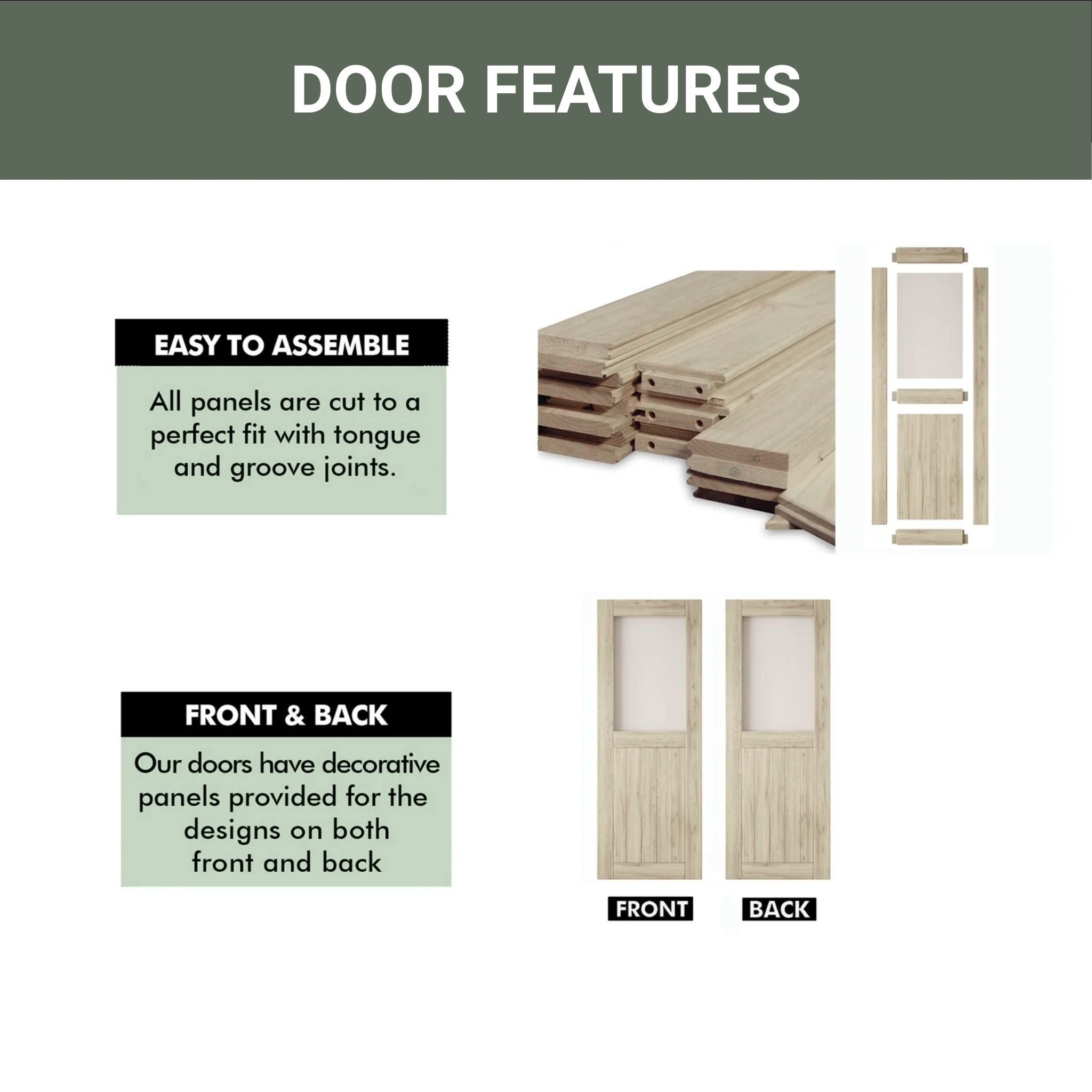 Half-lite wooden barn door assembly with features highlighted on a white background