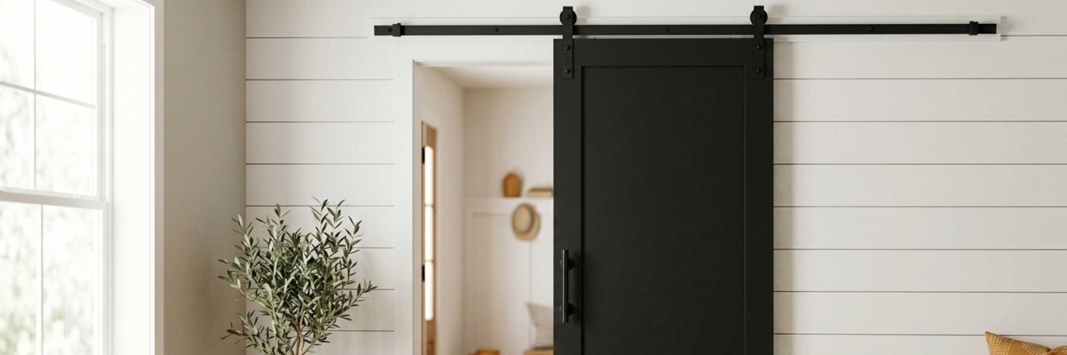 Matte black sliding barn door with J-strap hardware mounted on a black track above a shiplap wall in a modern farmhouse interior, with an olive tree and natural light from a nearby window.