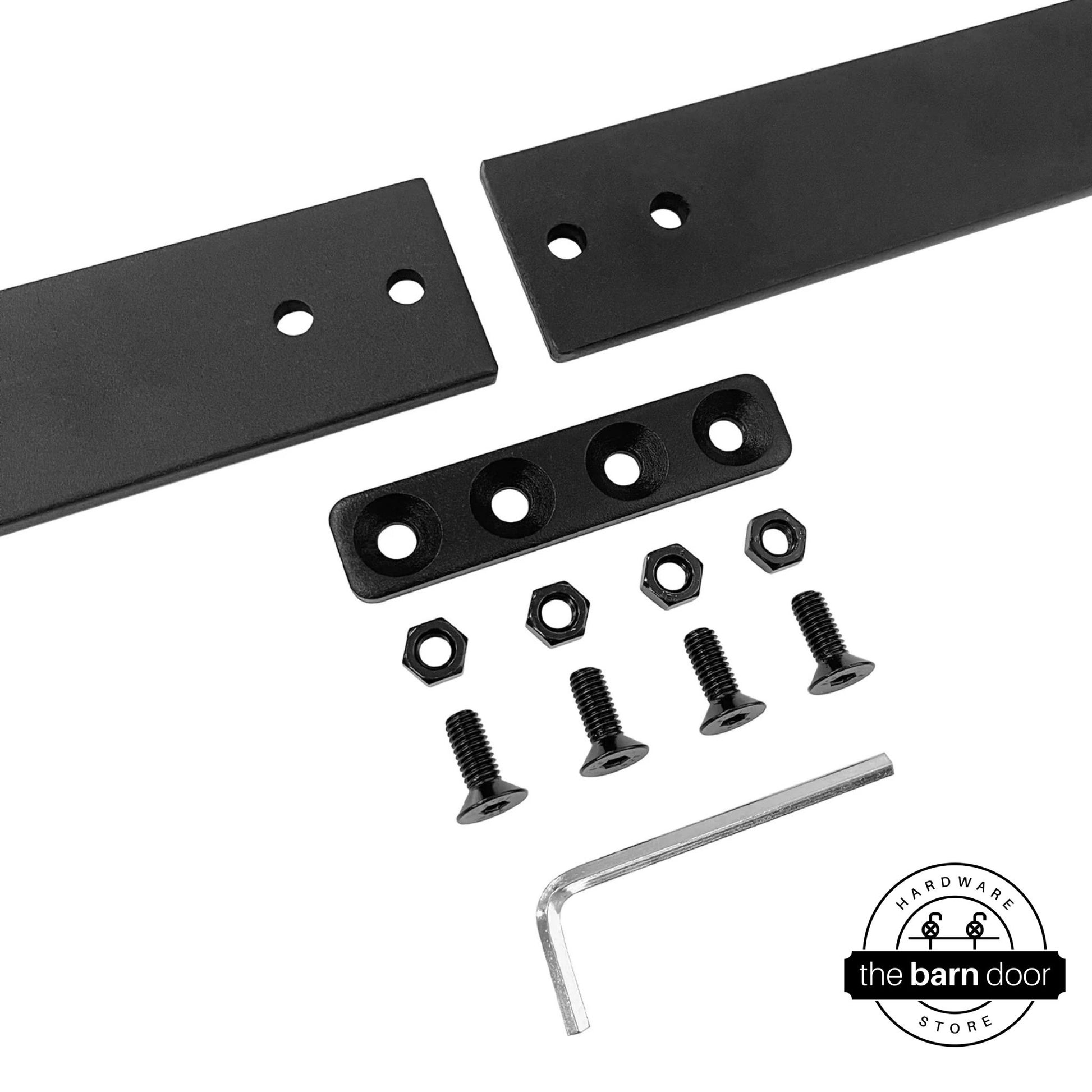 Overhead flat lay of a black junction plate kit, including the plate, four carriage bolts, four nuts, and an Allen wrench, next to two unattached track pieces.