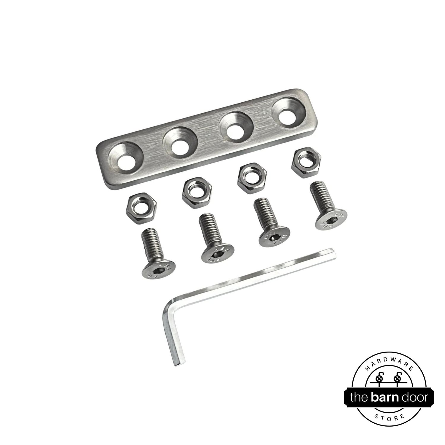 Overhead flat lay of a brushed nickel junction plate kit, including the plate, four bolts, four nuts, and an Allen wrench.