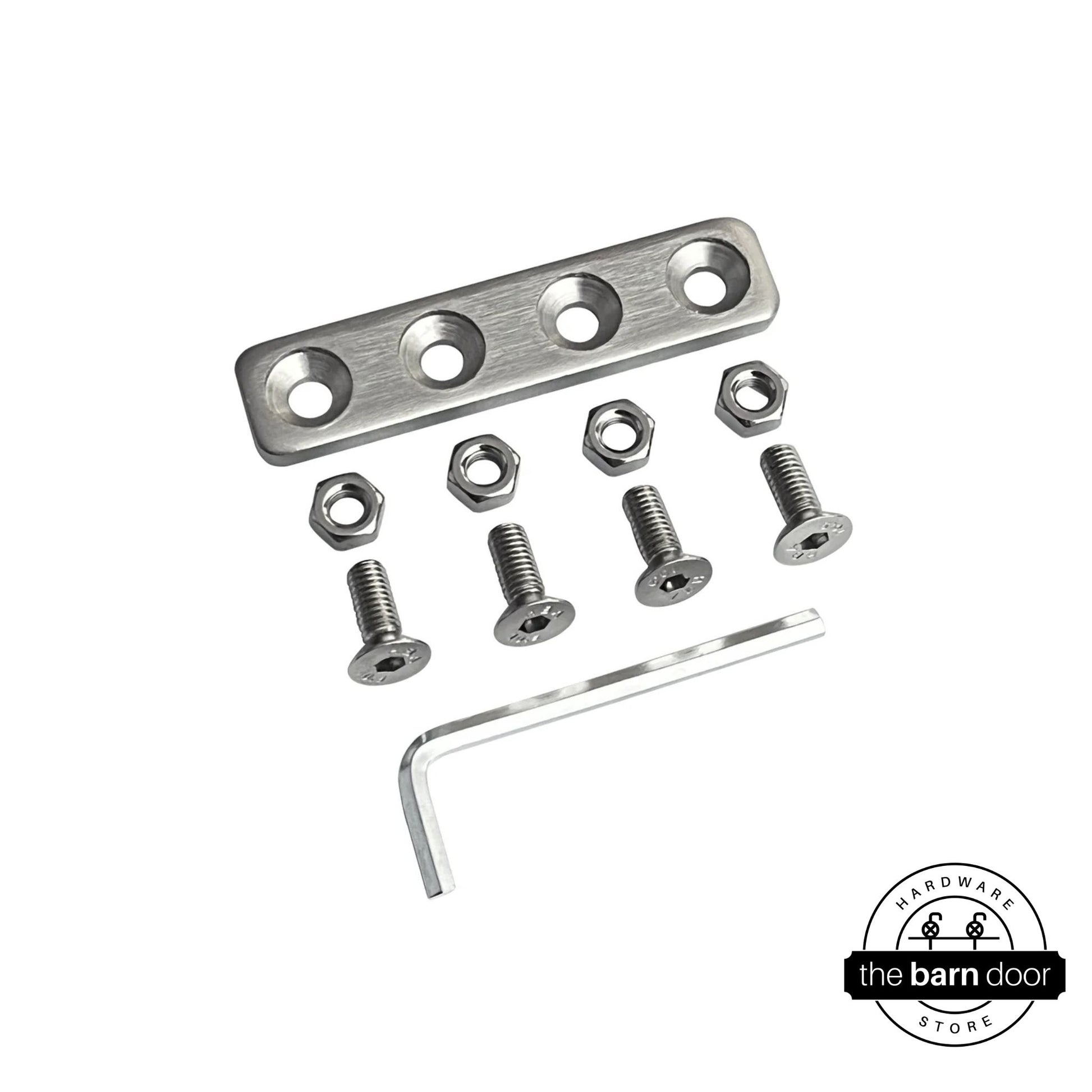 Overhead flat lay of a brushed nickel junction plate kit, including the plate, four bolts, four nuts, and an Allen wrench.