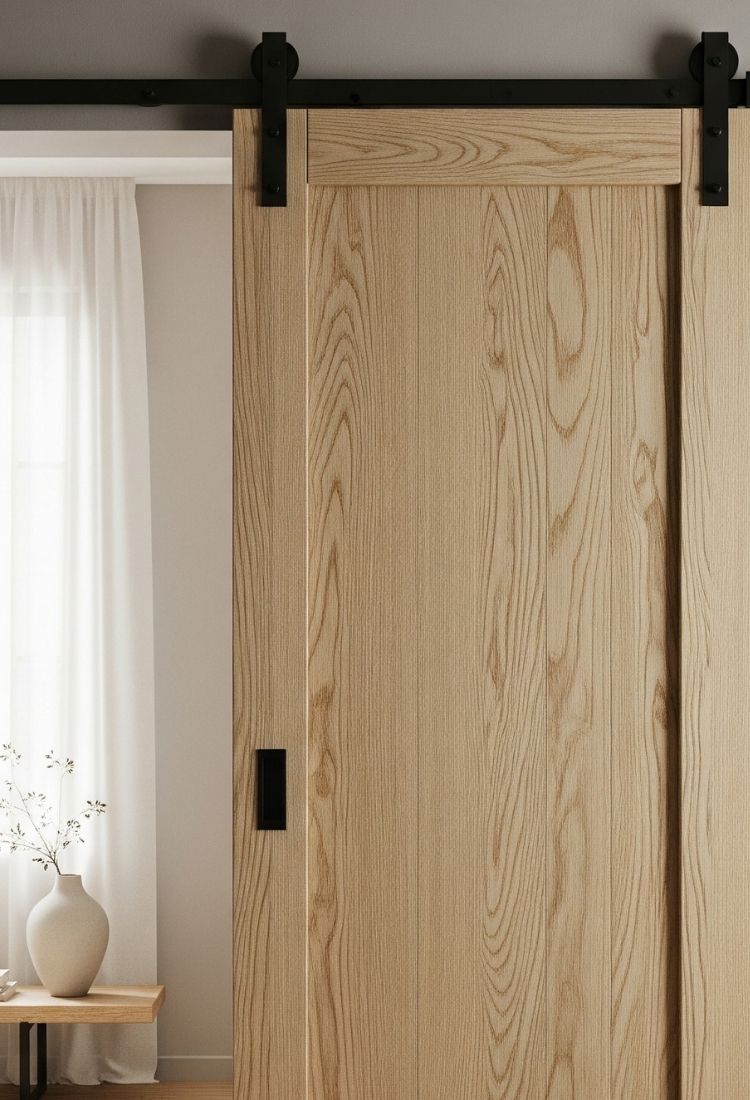 A wide panoramic view of a light-textured wood barn door mounted on a black track system, partially obscuring a window with soft white curtains.