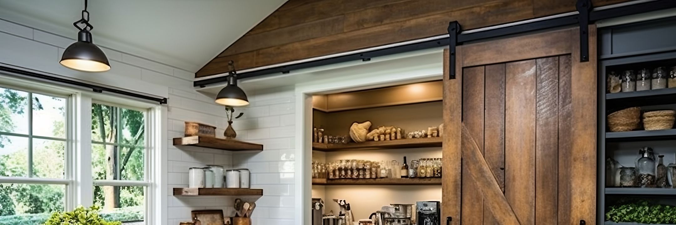 A panoramic kitchen view featuring a large rustic wood barn door used as a pantry entrance, surrounded by white subway tile, open shelving, and industrial farmhouse pendant lights.