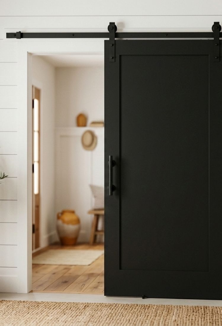 Matte black sliding barn door with J-strap hardware mounted on a black track above a shiplap wall in a modern farmhouse interior, with an olive tree and natural light from a nearby window.