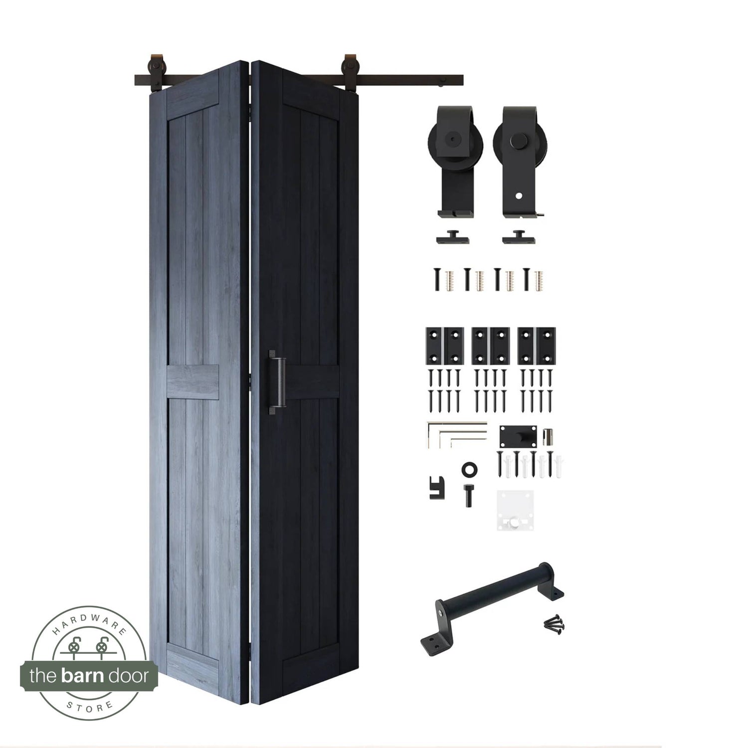 Full kit contents: Partially folded navy blue finished 2-door bifold panels shown next to all hardware components (rollers, track, screws, handle) in Matte Black.