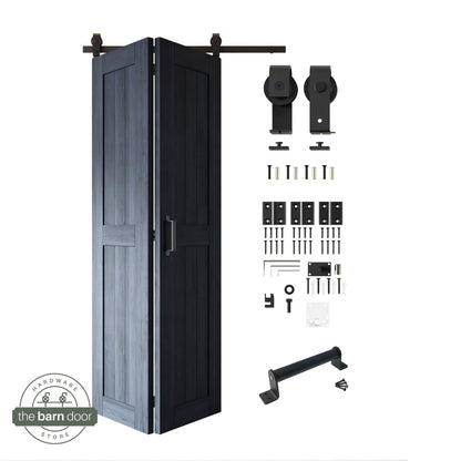Full kit contents: Partially folded navy blue finished 2-door bifold panels shown next to all hardware components (rollers, track, screws, handle) in Matte Black.