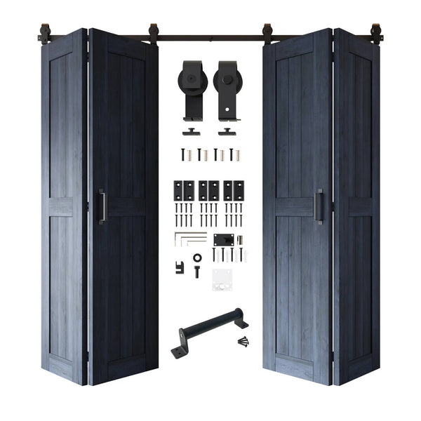 Full kit contents: Four open and partially folded navy bifold door panels shown with all accompanying Matte Black top-mount hardware components.