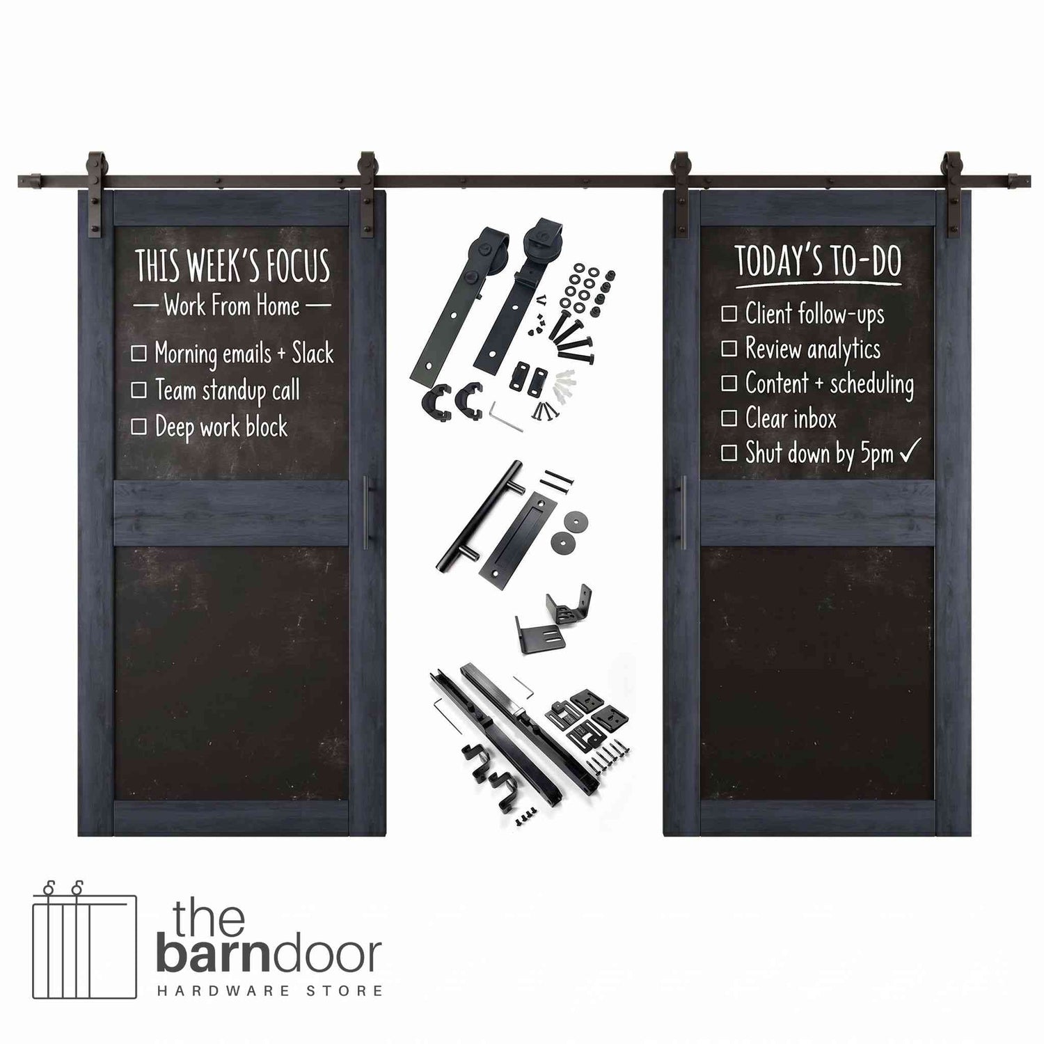 Navy barn door set with black chalkboard panels and hardware components on a white background