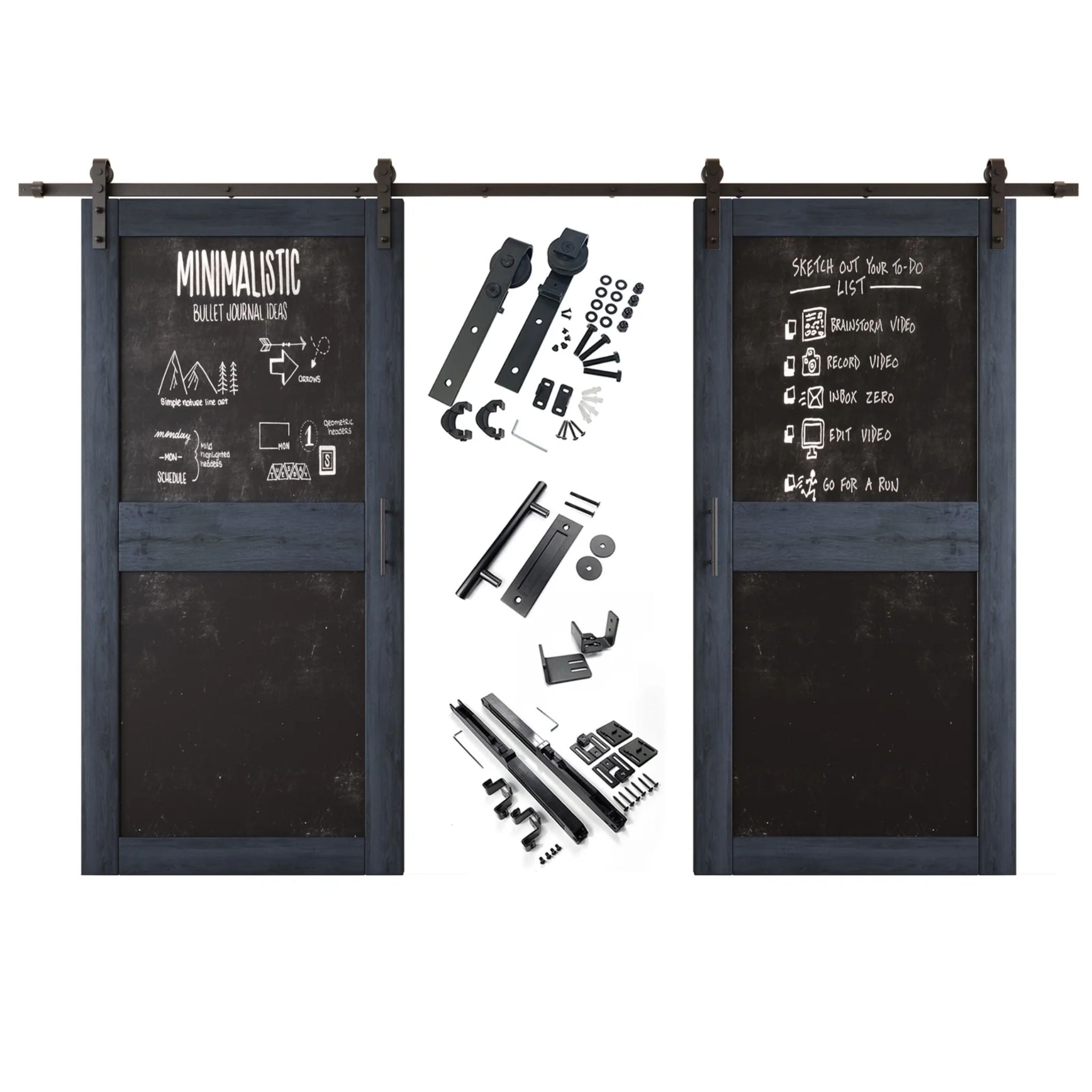 Navy barn door set with black chalkboard panels and hardware components on a white background