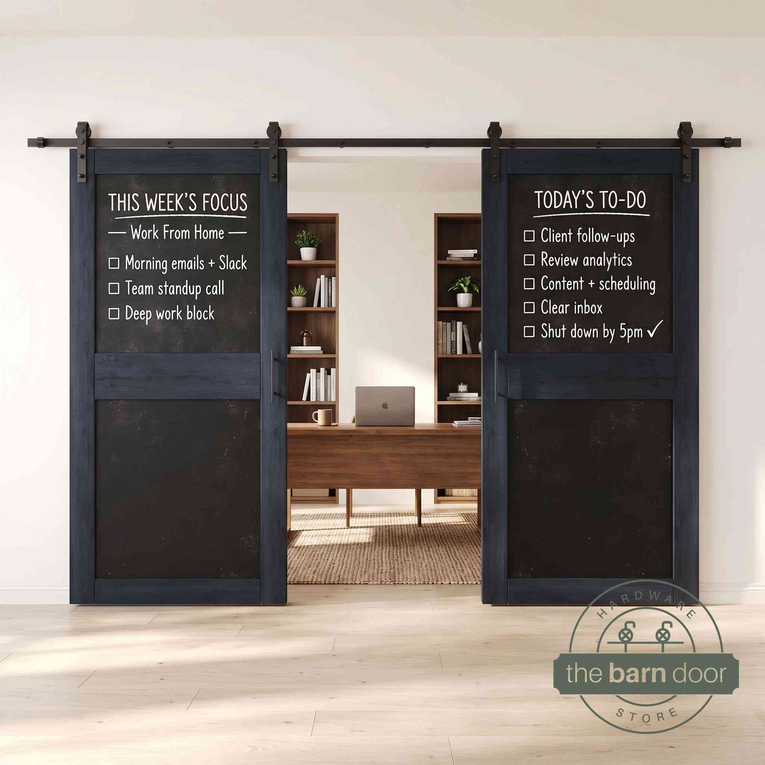Navy barn doors with black chalkboard surfaces in a modern interior setting