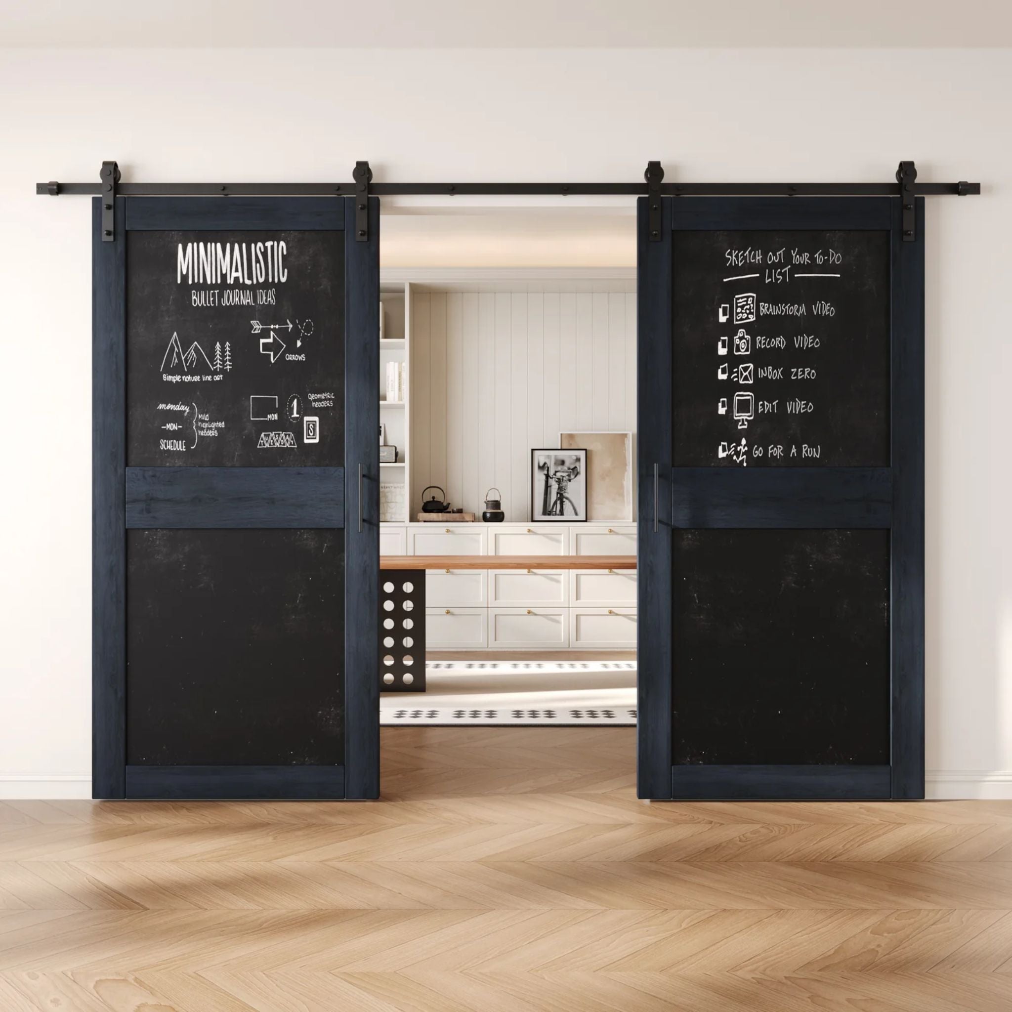 Navy barn doors with black chalkboard surfaces in a modern interior setting