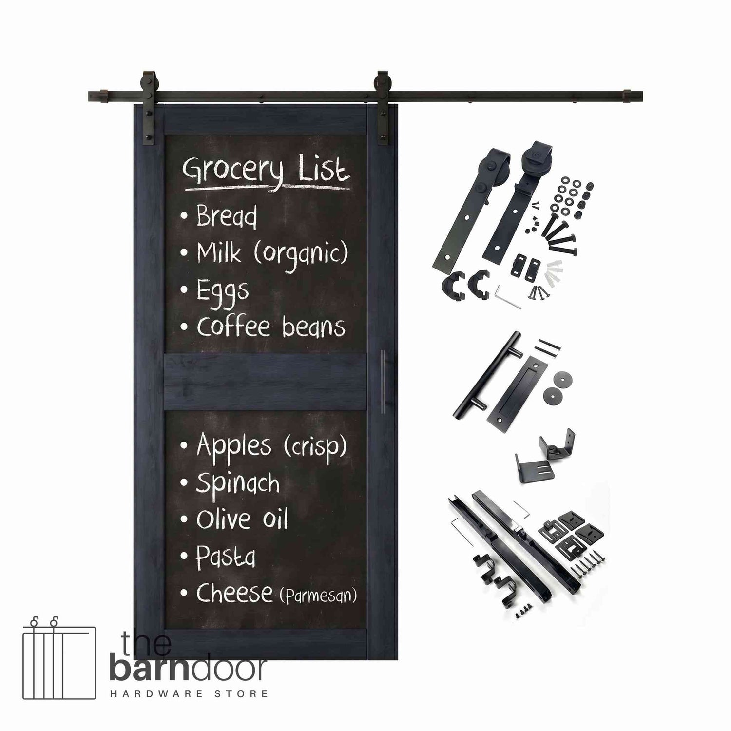 Navy barn door kit with black chalkboard surface and hardware components on a white background
