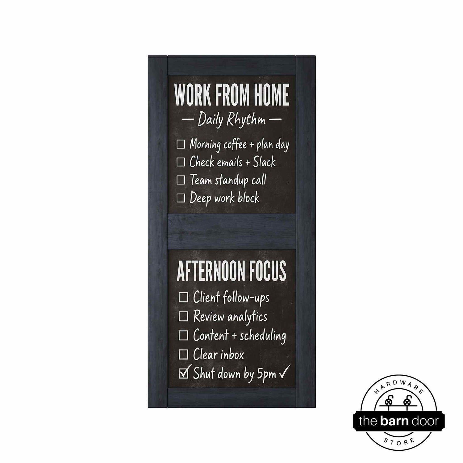 Front view of a vertical navy chalkboard door with two panels.