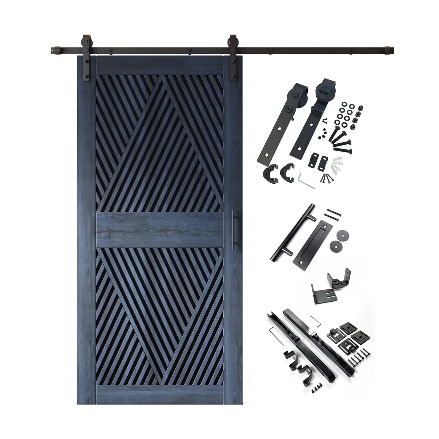 A complete barn door hardware kit featuring a striking navy blue barn door with an intricate, open diamond slat pattern, black sliding track, rollers, handle, and all mounting components displayed next to the door.