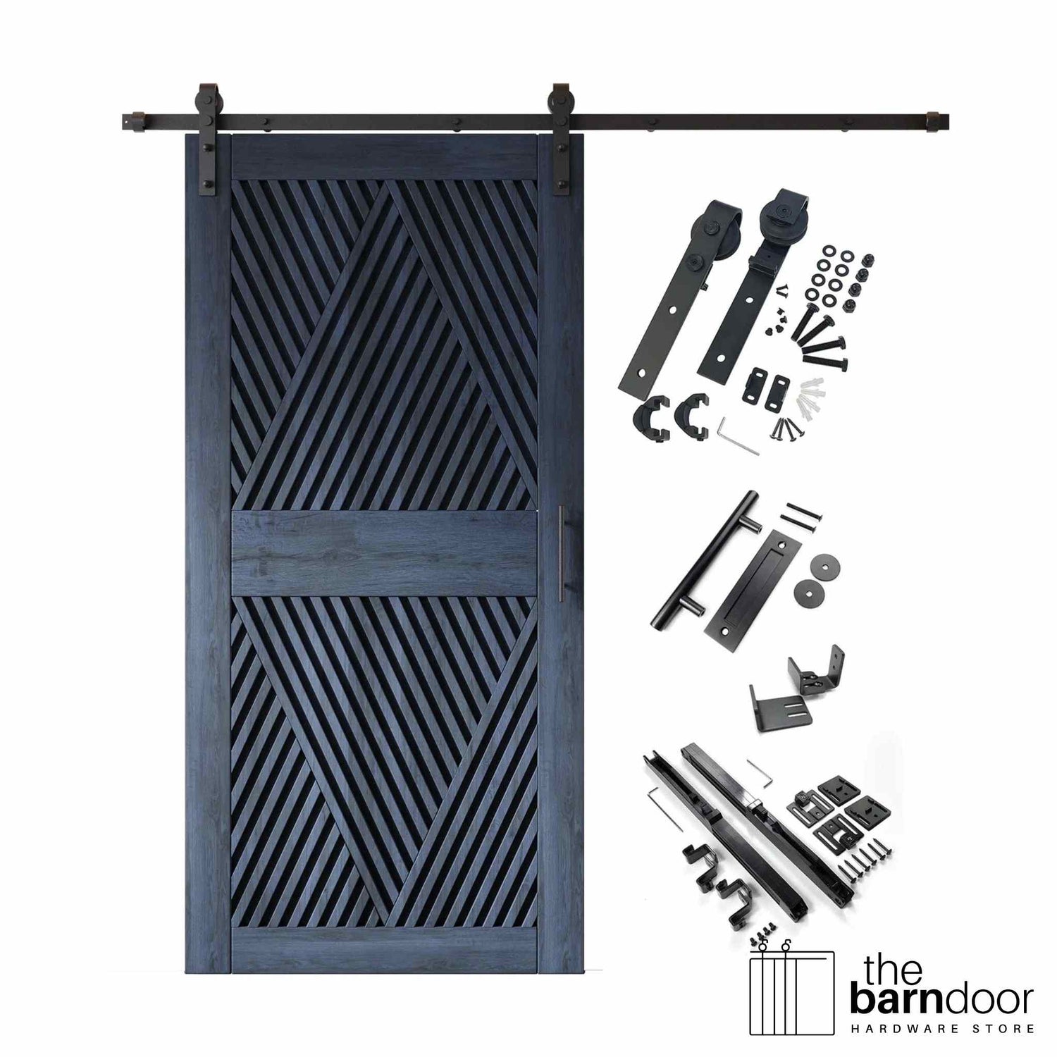 A complete barn door hardware kit featuring a striking navy blue barn door with an intricate, open diamond slat pattern, black sliding track, rollers, handle, and all mounting components displayed next to the door.