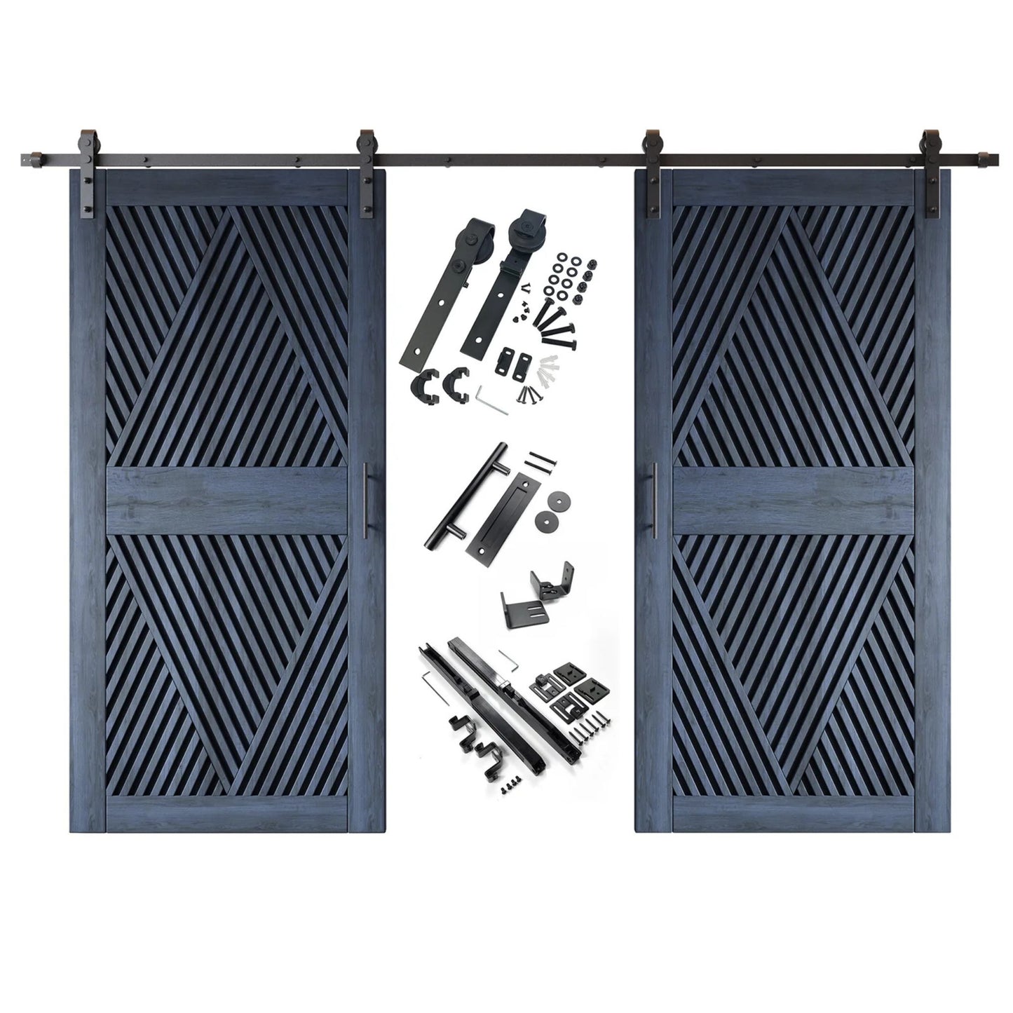 A complete double barn door kit featuring two navy doors with an intricate diamond slat pattern. The black sliding track, rollers, handle, and all mounting components are displayed in the center between the two doors.
