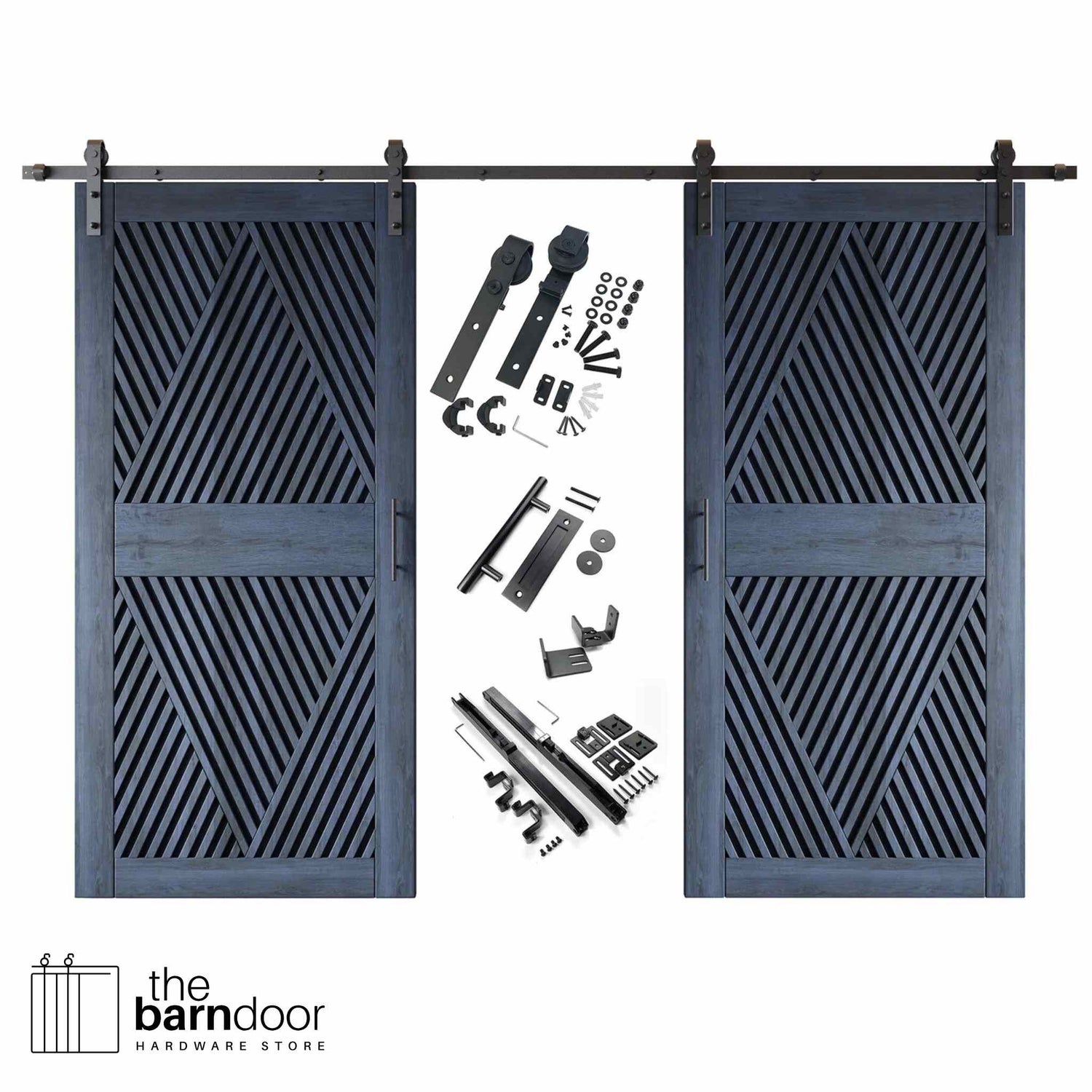 A complete double barn door kit featuring two navy doors with an intricate diamond slat pattern. The black sliding track, rollers, handle, and all mounting components are displayed in the center between the two doors.