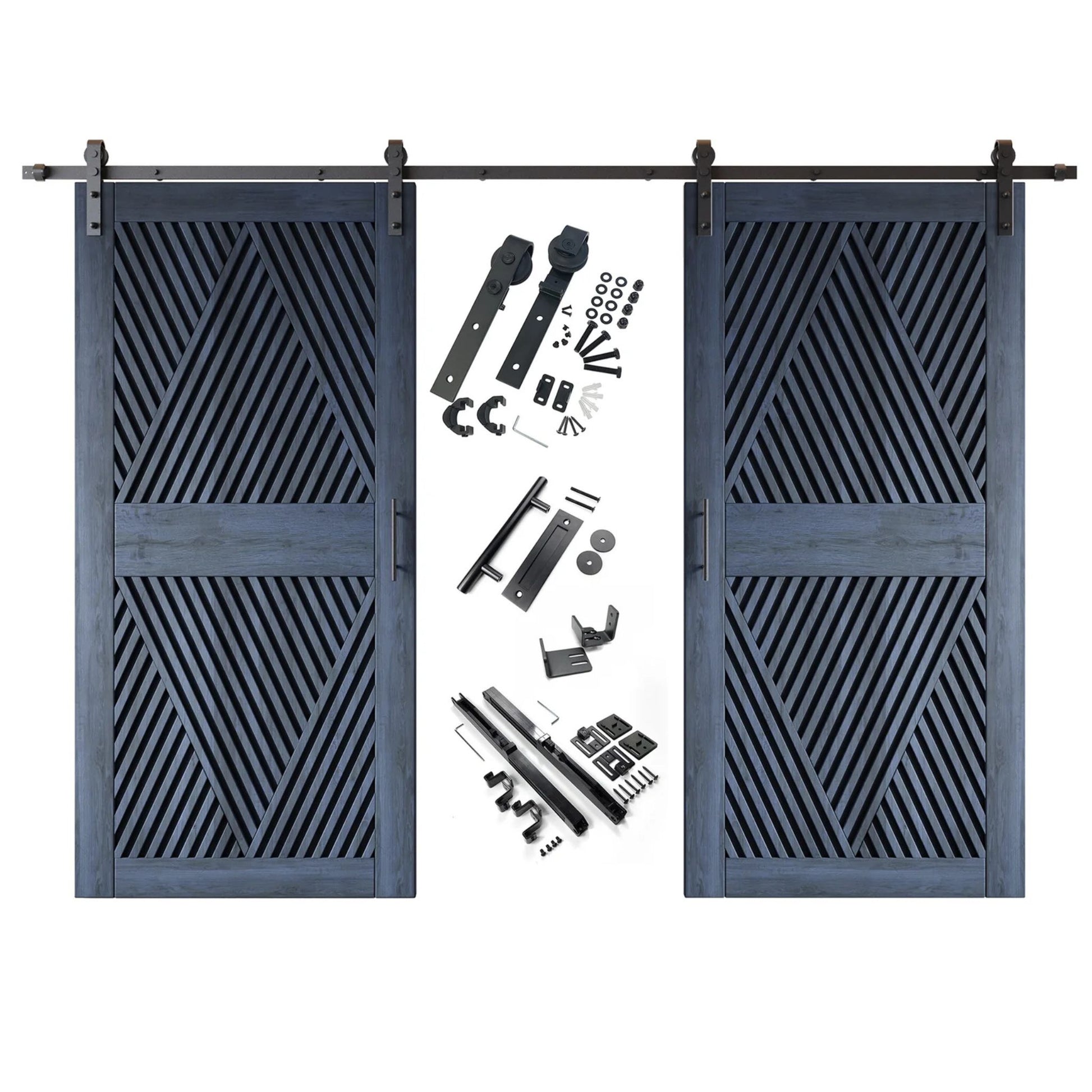 A complete double barn door kit featuring two navy doors with an intricate diamond slat pattern. The black sliding track, rollers, handle, and all mounting components are displayed in the center between the two doors.