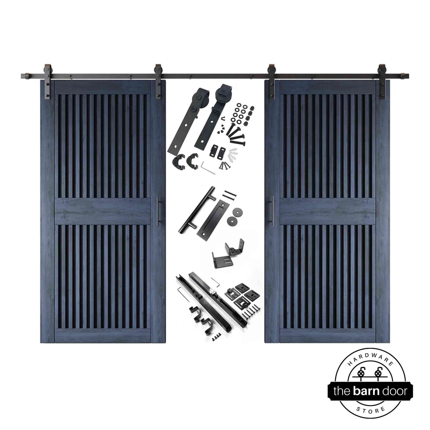Navy vertical slat barn door set with hardware components on a white background