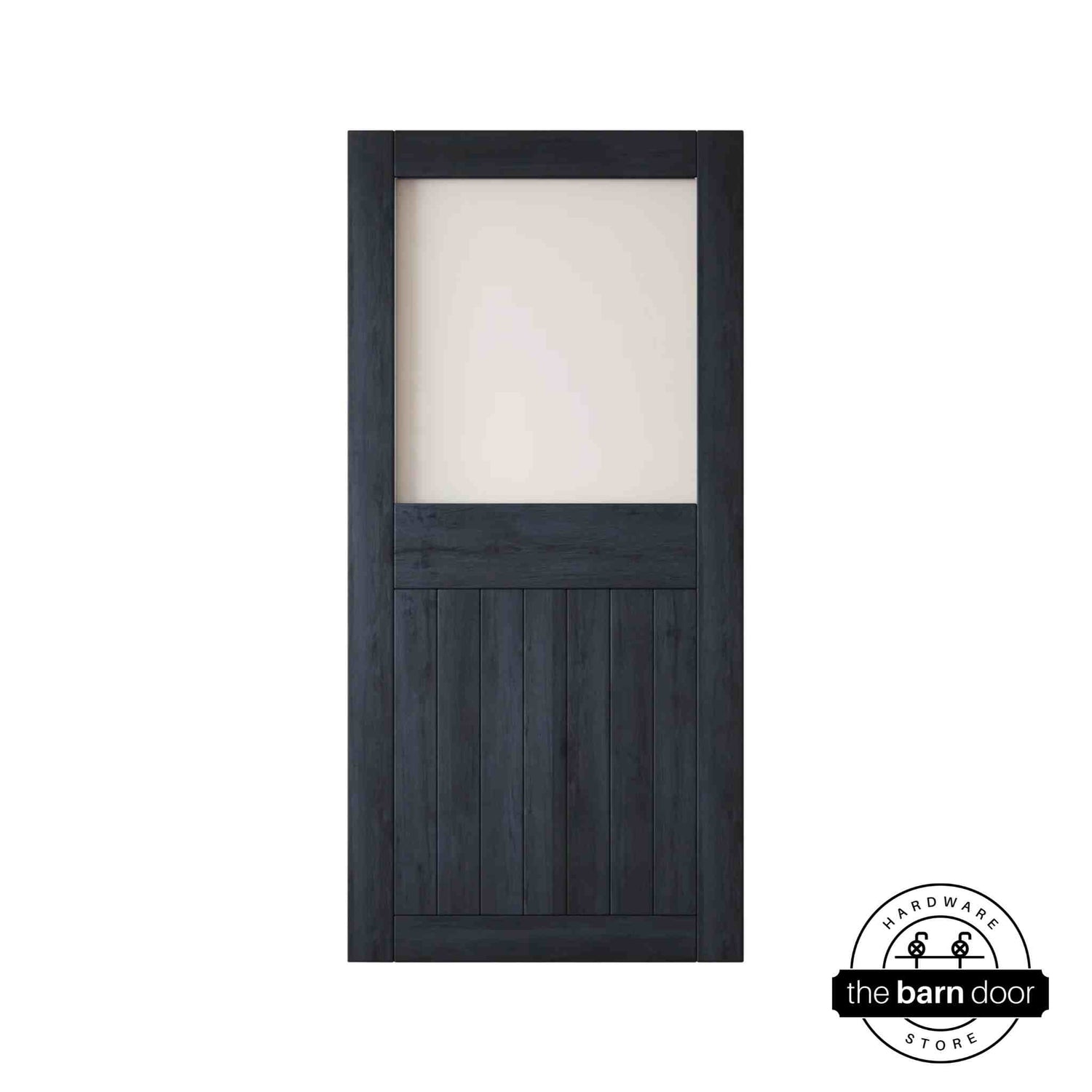 Navy wooden half-lite frosted glass barn door with horizontal slats on a white background