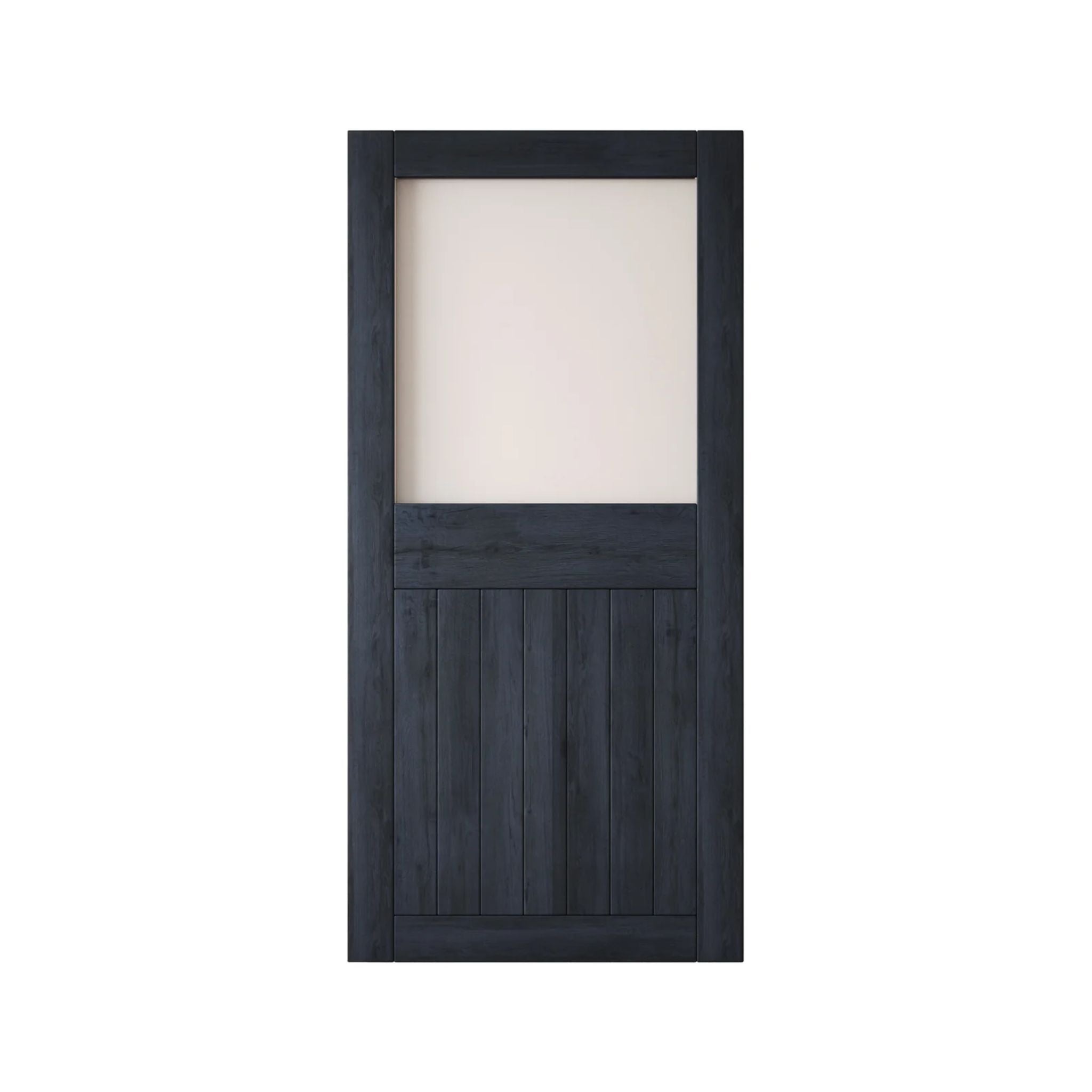 Navy wooden half-lite frosted glass barn door with horizontal slats on a white background