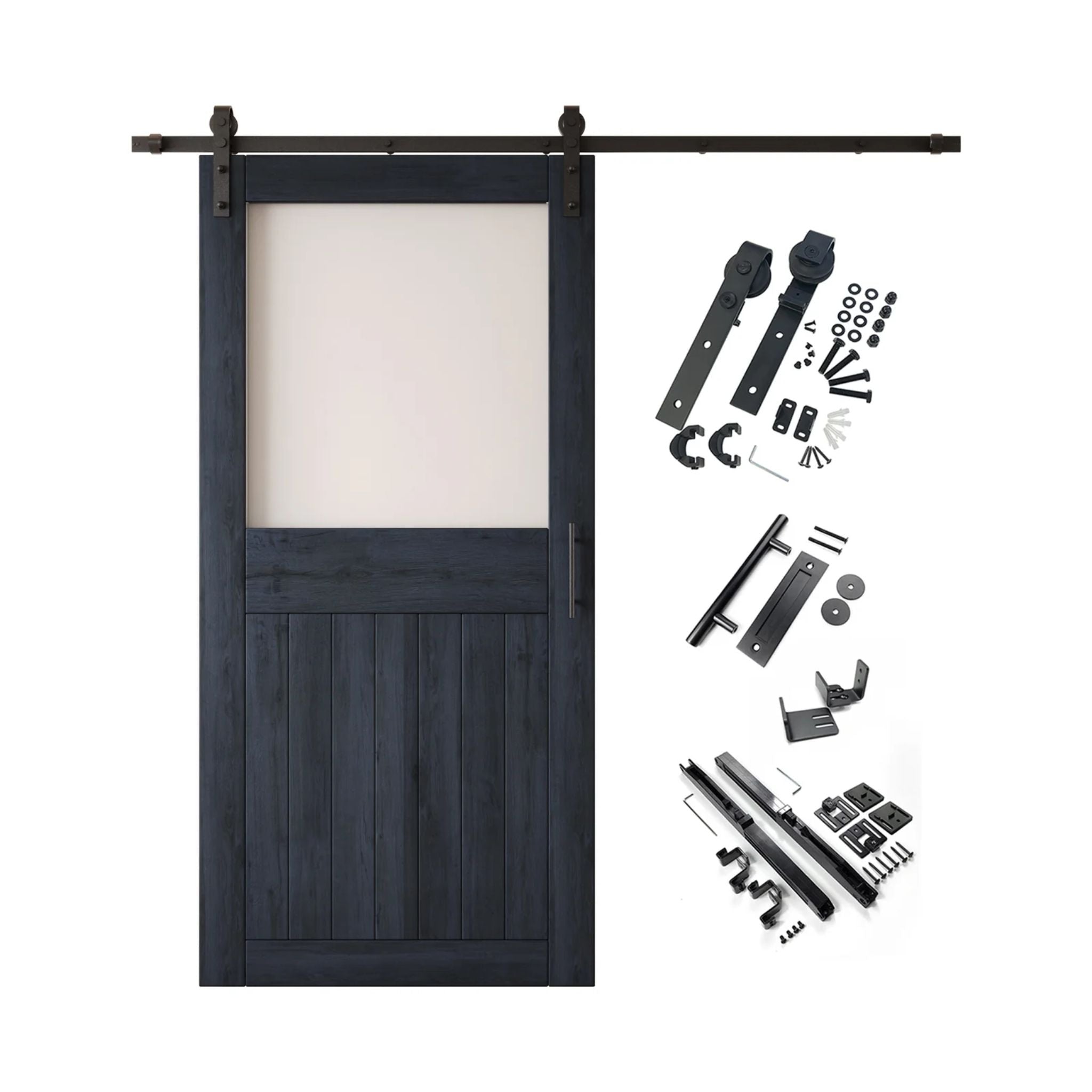 Navy half-lite barn door kit with wooden door, hardware, and components on a white background
