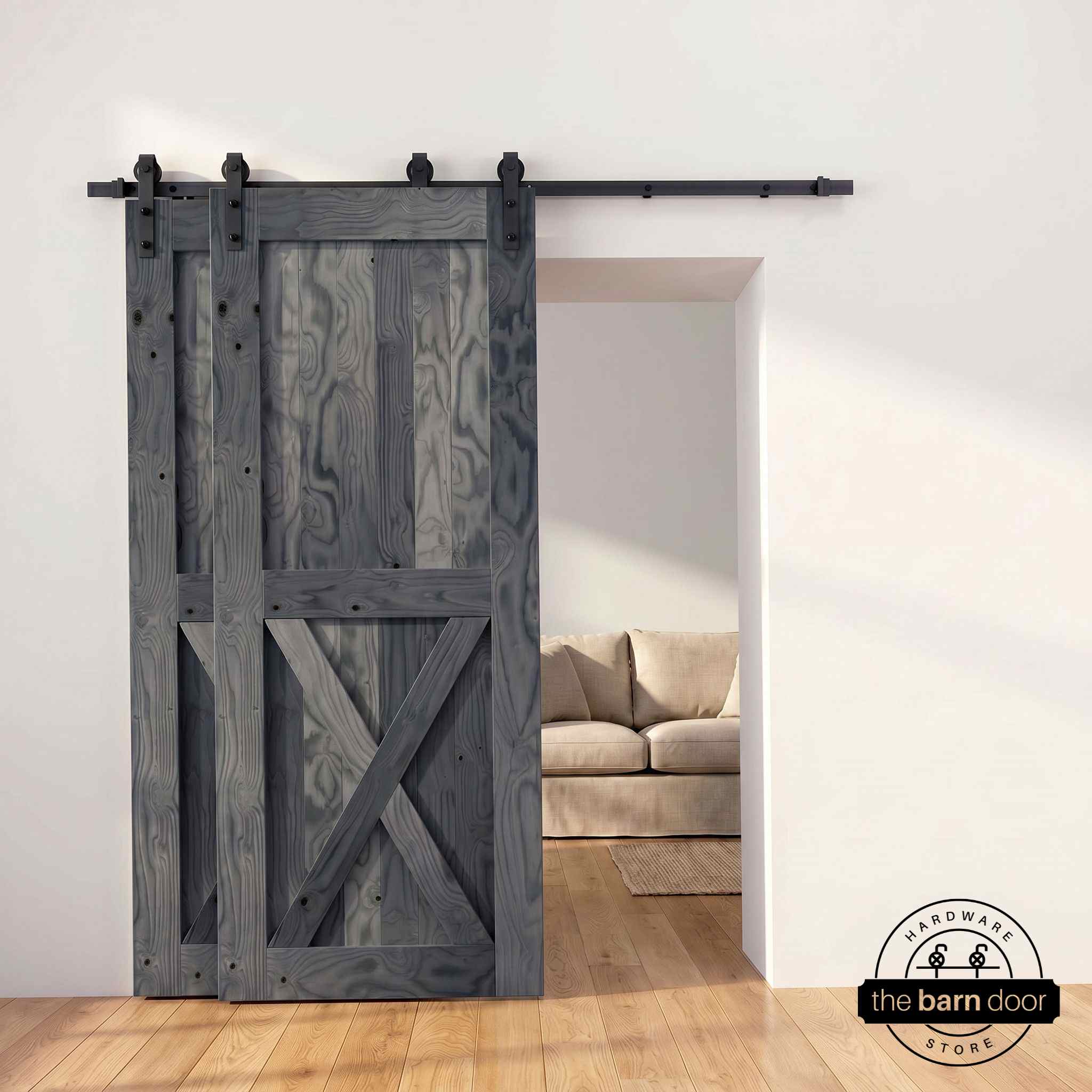 Half-X barn door in navy stain with matte black single bypass sliding hardware