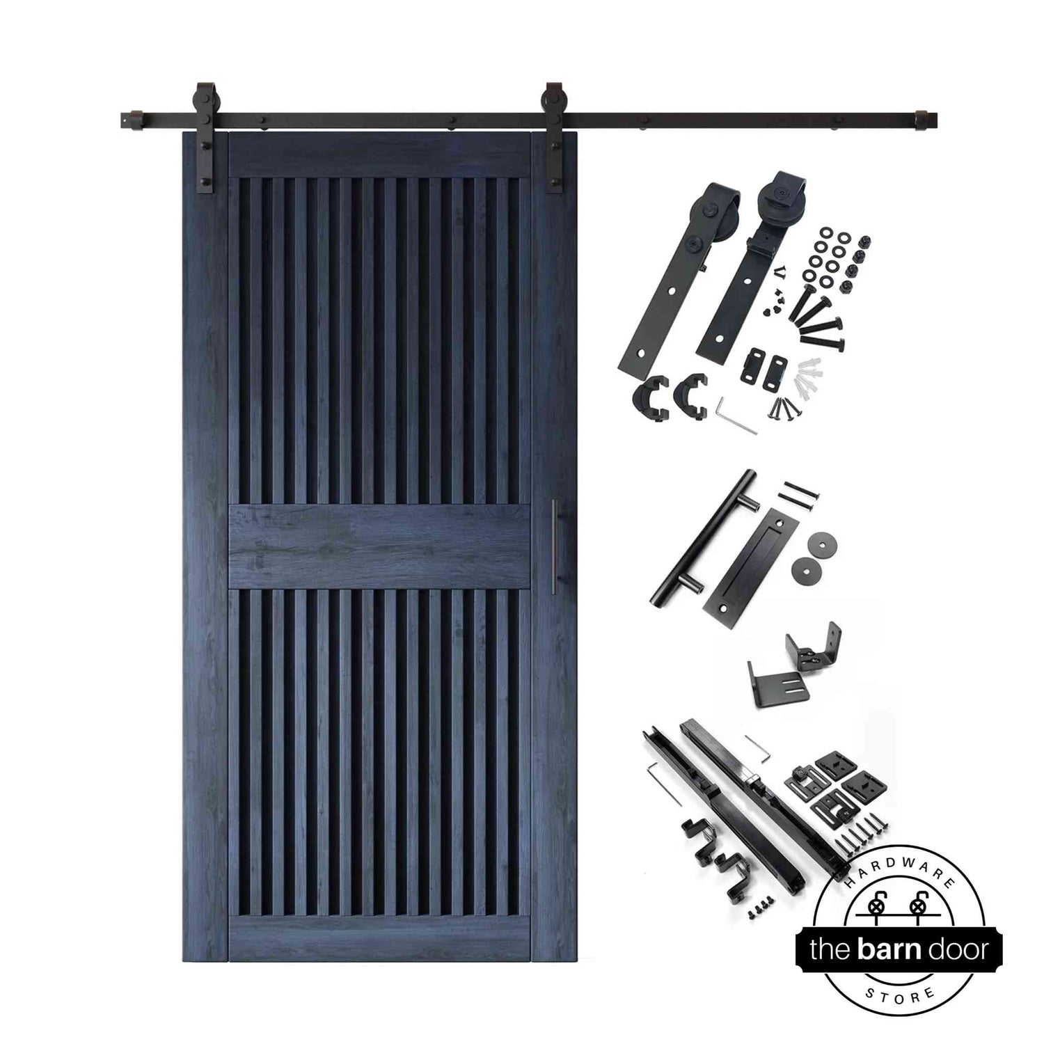 Navy barn door kit with wooden door, hardware, and installation parts on a white background