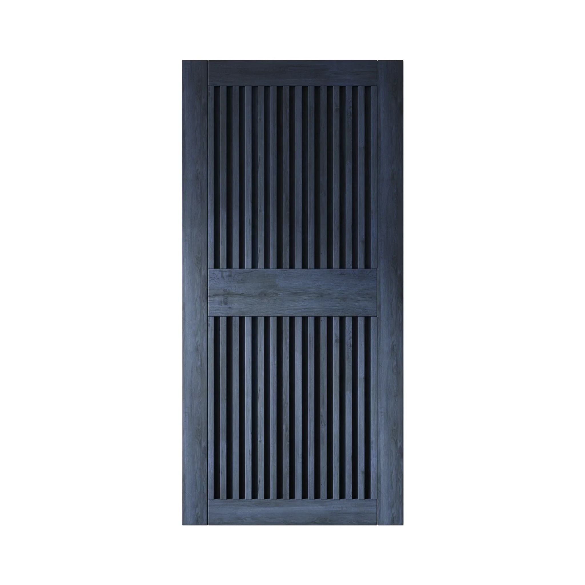 Navy wooden door with vertical slats on a white background