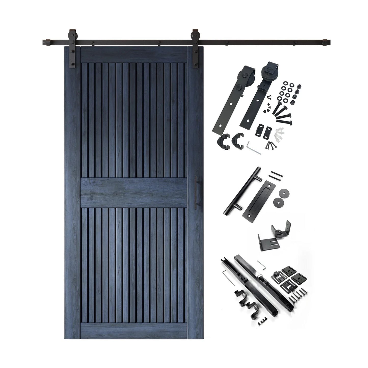 A complete barn door hardware kit featuring a navy vertical plank barn door with a horizontal middle rail, black sliding track, rollers, handle, and all mounting components displayed next to the door.