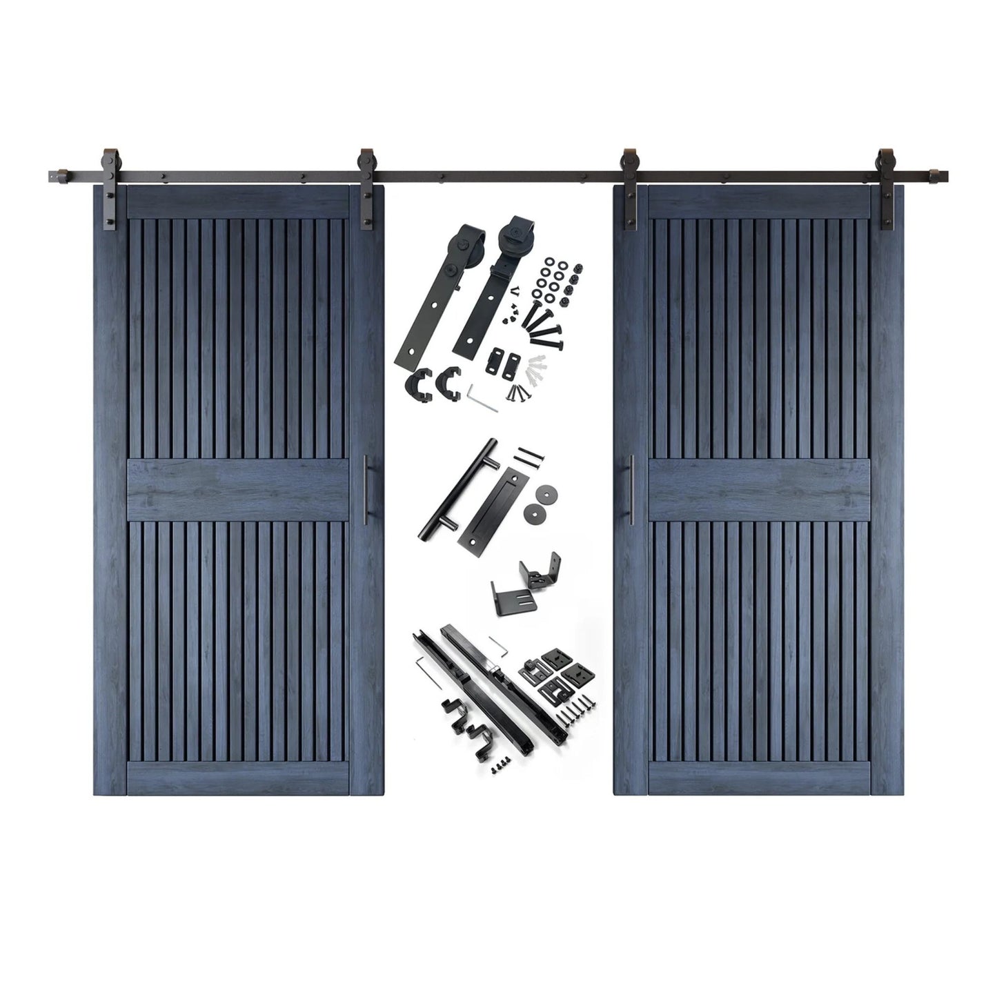 A complete double barn door kit featuring two navy-stained vertical slat doors with horizontal middle rails, black sliding track, rollers, handles, and all mounting components displayed in the center.