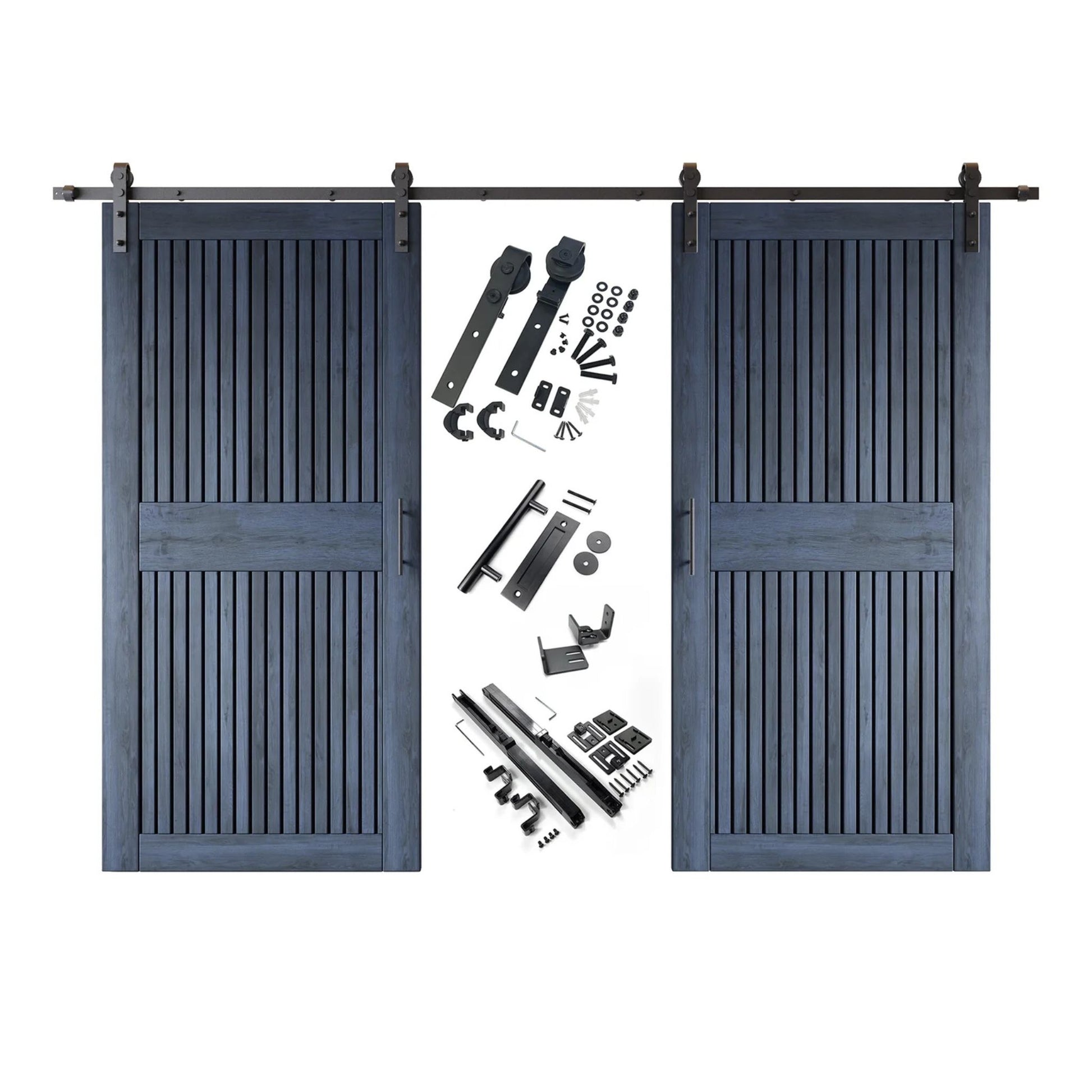 A complete double barn door kit featuring two navy-stained vertical slat doors with horizontal middle rails, black sliding track, rollers, handles, and all mounting components displayed in the center.