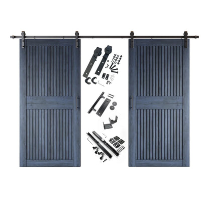 A complete double barn door kit featuring two navy-stained vertical slat doors with horizontal middle rails, black sliding track, rollers, handles, and all mounting components displayed in the center.