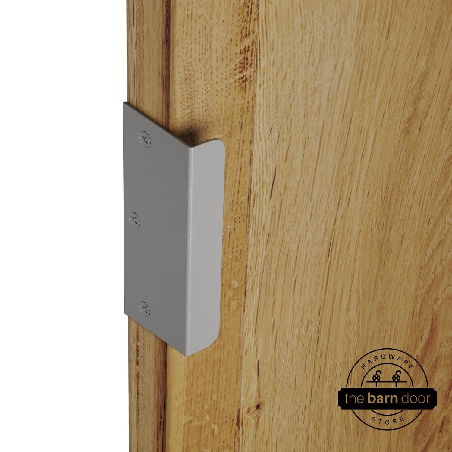 PC Chrome sliding barn door edge pull handle on natural wood door edge