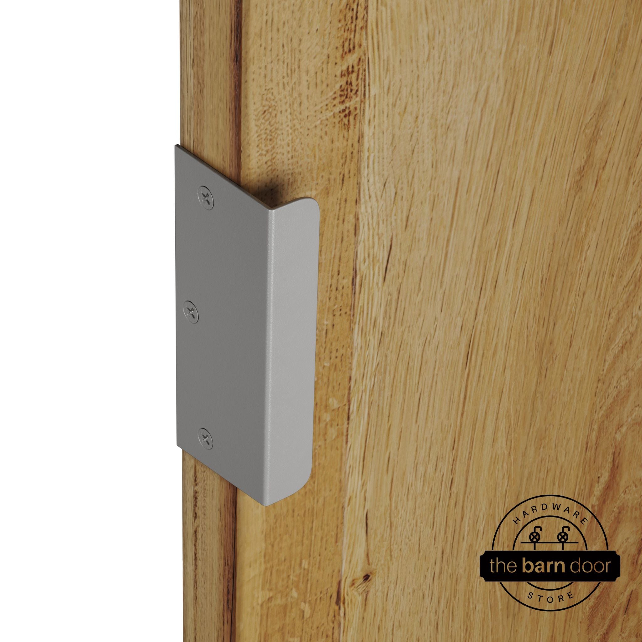 PC Chrome sliding barn door edge pull handle on natural wood door edge