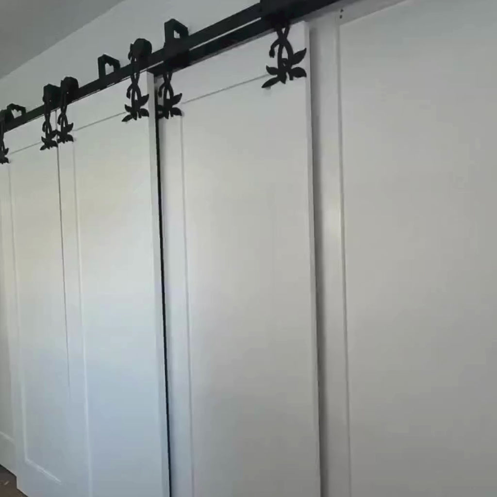 Flower double bypass barn door hardware installed on a closet