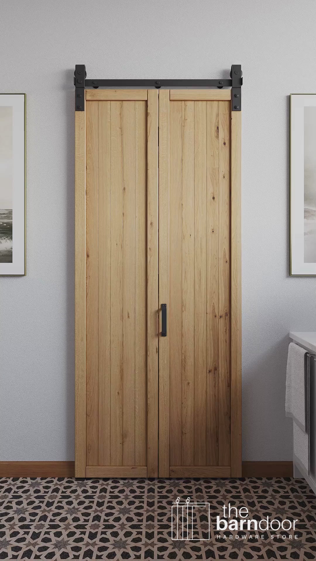 Animation of j-strap bifold barn door hardware for a laundry closet