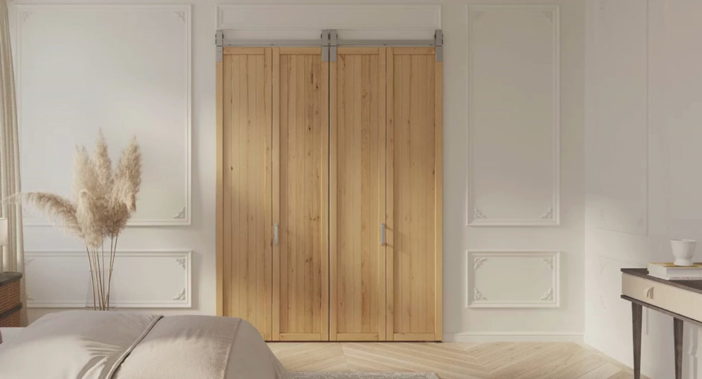 4 door biparting top mount bifold barn door hardware animation in a bedroom